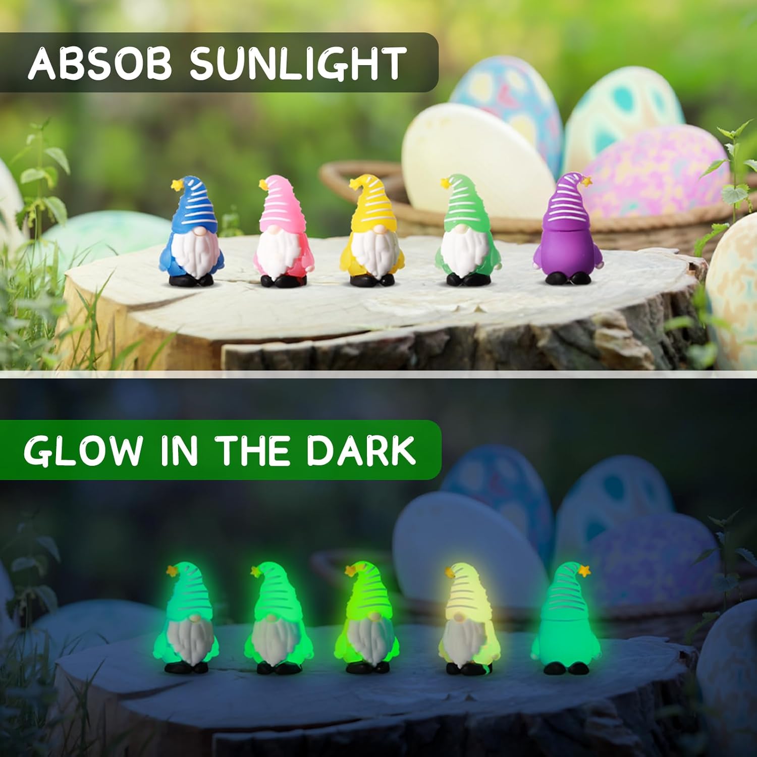 DoubleFill 100 Pcs Mini Gnomes Spring Luminou Tiny Figures Miniature Gnomes Fairy Gifts Statues Tiny Figurines for Landscape Outdoor Patio Yard Garden Accessories Goodie Bag