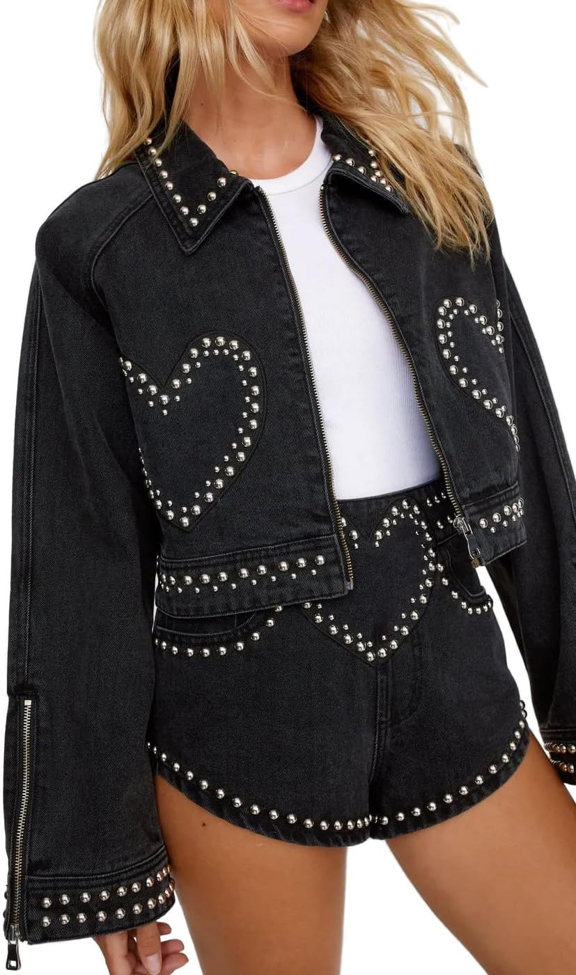 Nasty Gal Women's Denim Heart Studded Cropped Denim Jacket