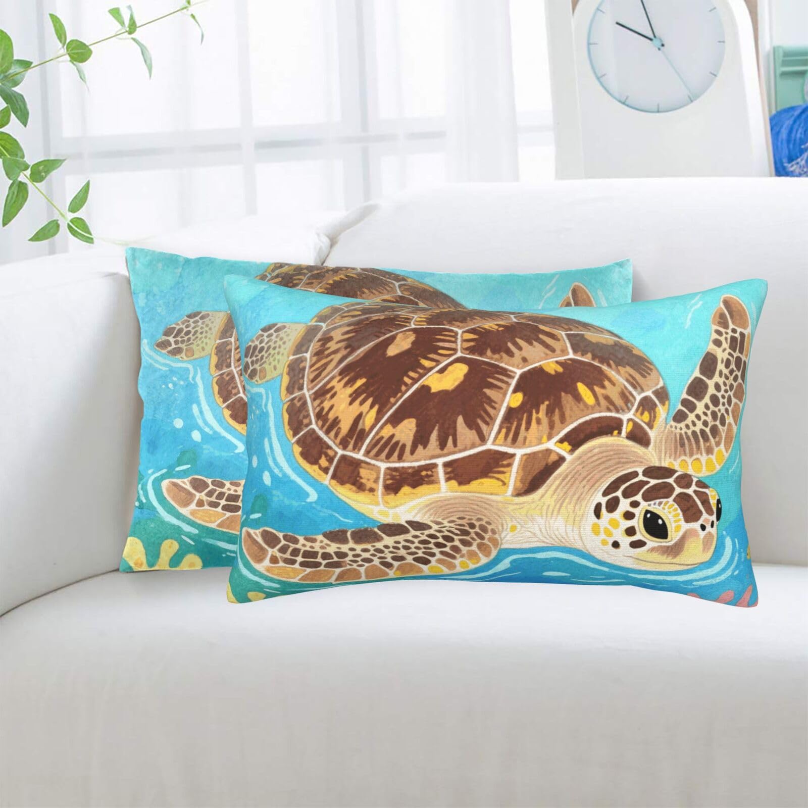 2 Pack Standard Pillowcases Sets, Ultra Soft Comfort Microfiber Plush Pillow Cases Watercolor Wild Turtle Decorative Throw Pillow Cover with Hidden Zipper for Bedroom, Sofa, Couch,16"X24"