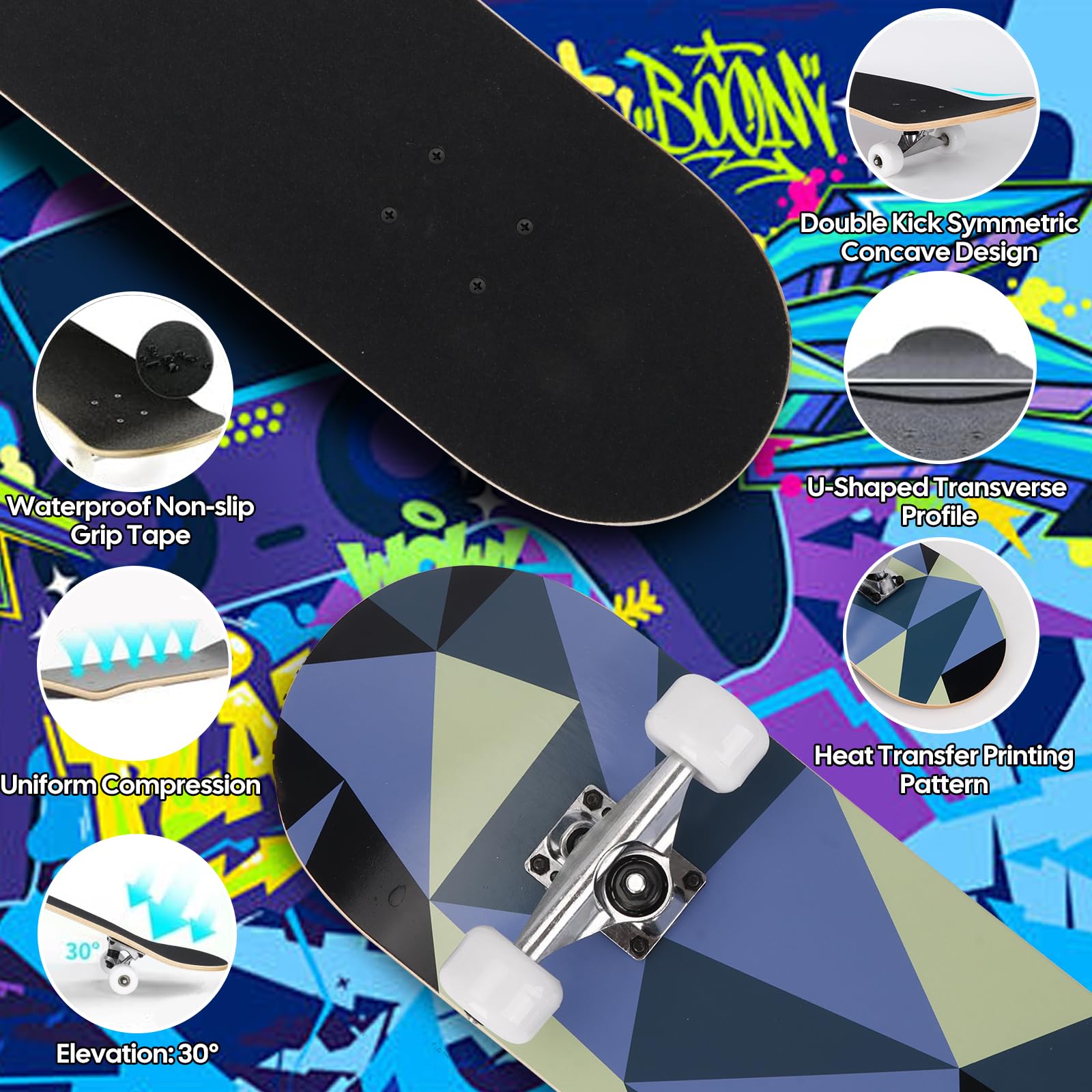 Patinetas para principiantes, adultos, jóvenes, adolescentes, niños, niñas y niños, 31 pulgadas, Tablero Tablas de Patinaje Completas, 7 capas, arce canadiense, doble patada cóncava (jóvenes)