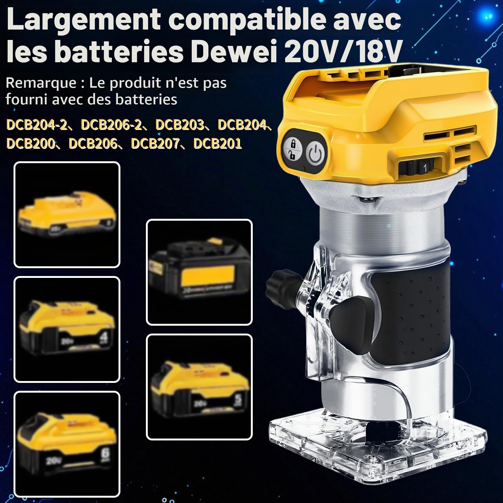 Defonceuse a Bois sans fil pour Dewalt 20 V/18 V Batterie, Fraise à bordure | 1300 W bordure sans fil Balais 6 Vitesses,Fraiseuse à une Main,fraise à bords sans balais avec 15 Fraises 1/4"" pour Travail