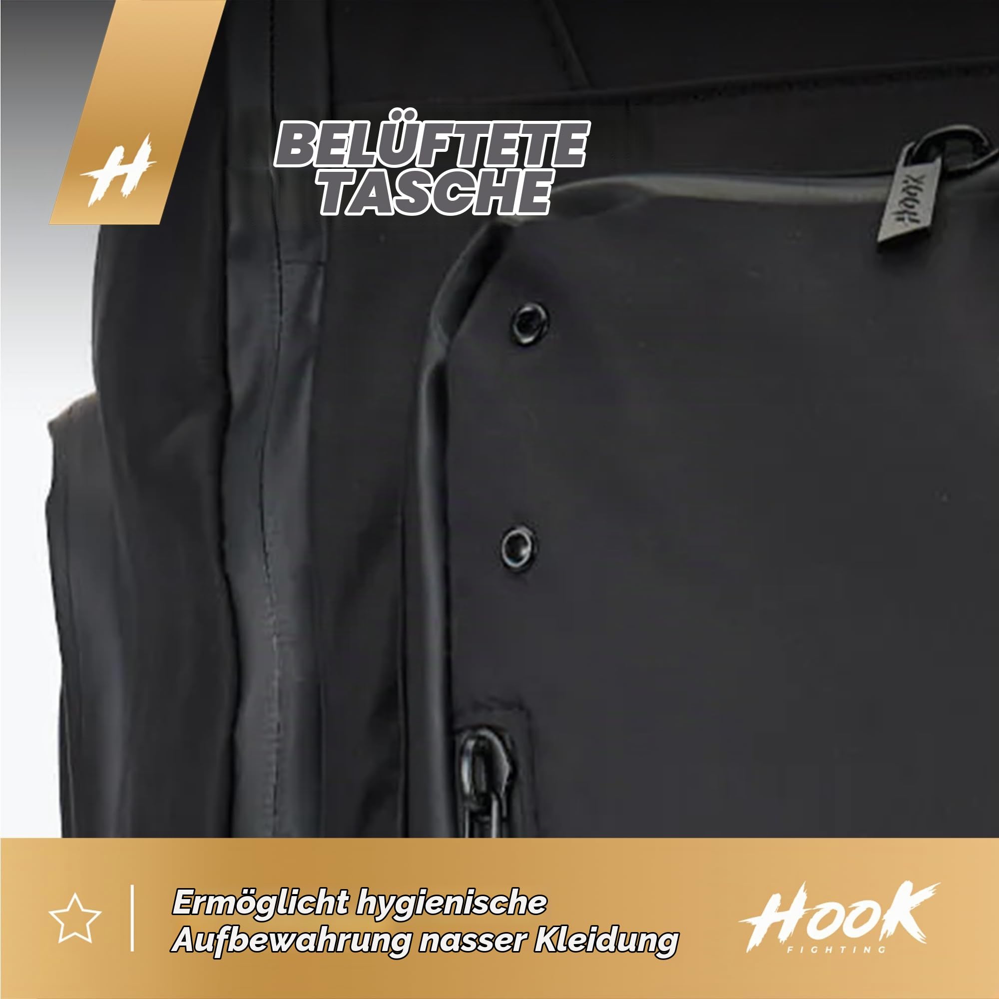 HOOK FIGHTNG COMPETITION Sport Rucksack in Schwarz mit einem Fassungsvermögen von 45/63 Litern Schutz vor Feuchtigkeit Belüftete und thermoaktive Tasche/Fitness Rucksack Verstellbares Volumen Stabilit