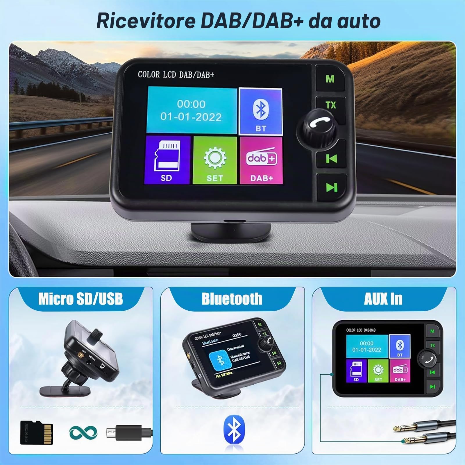 DAB Adattatore per Autoradio 2.4'' LCD Portatile DAB + Autoradio Adattatore con FM Trasmettitore Audio/Bluetooth Vivavoce/Bluetooth Musica/AUX In&Out/Supporto TF Card