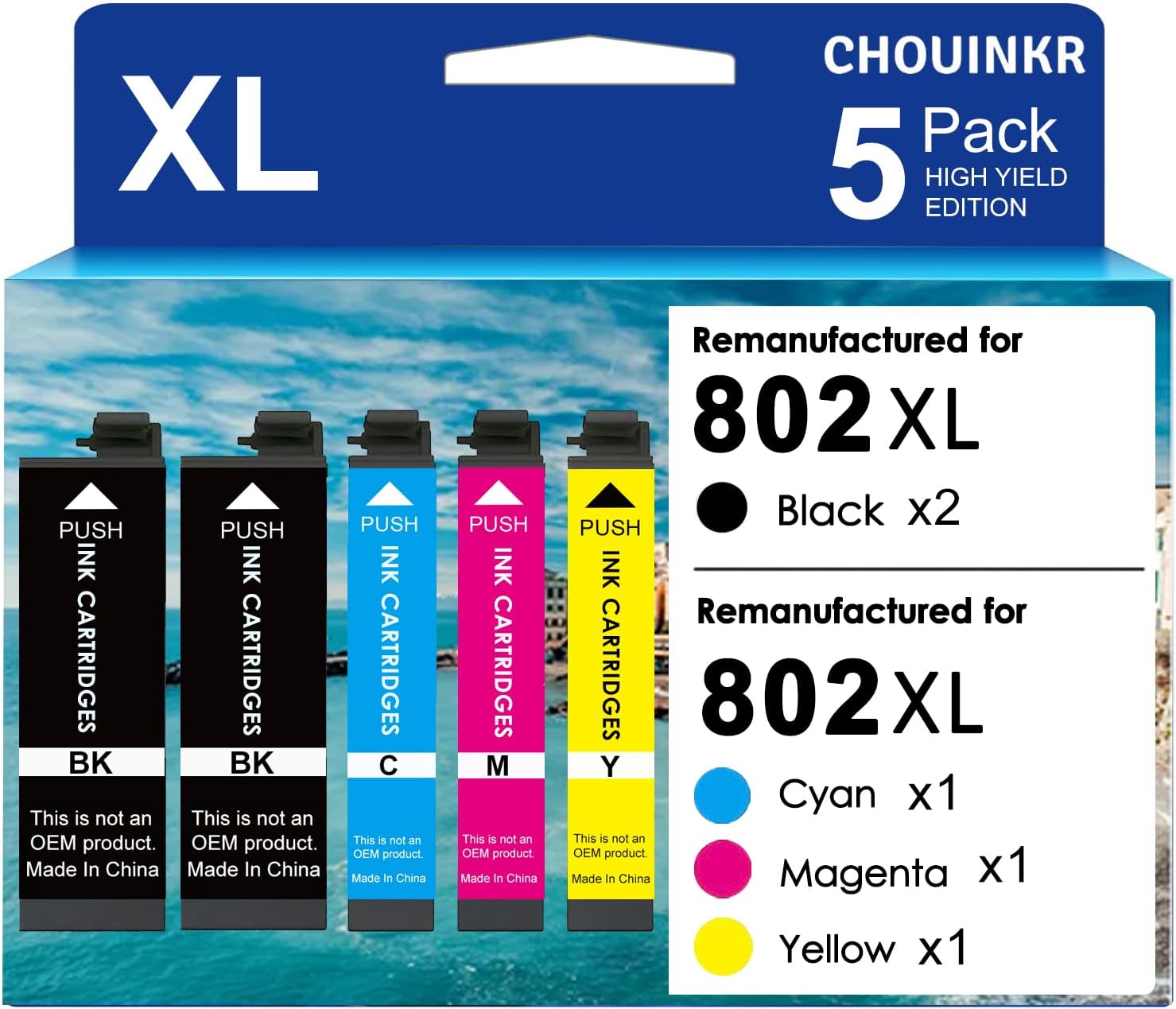 802XL Ink Cartridges Latest Upgrade Remanufactured for Epson 802XL Ink Cartridges Combo Pack (T802XL-BCS) Works with Workforce Pro WF-4720, WF-4730, WF-4734, WF-4740 (5er-Pack) 2 Black, Cyan, Magenta, Yellow