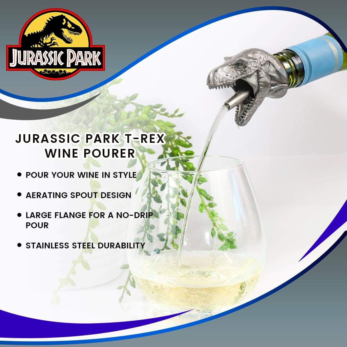 Jurassic Park T-rex Wine Pourer - Stainless Steel Pour Spout Fits Standard Wine Bottles - By Surreal Entertainment