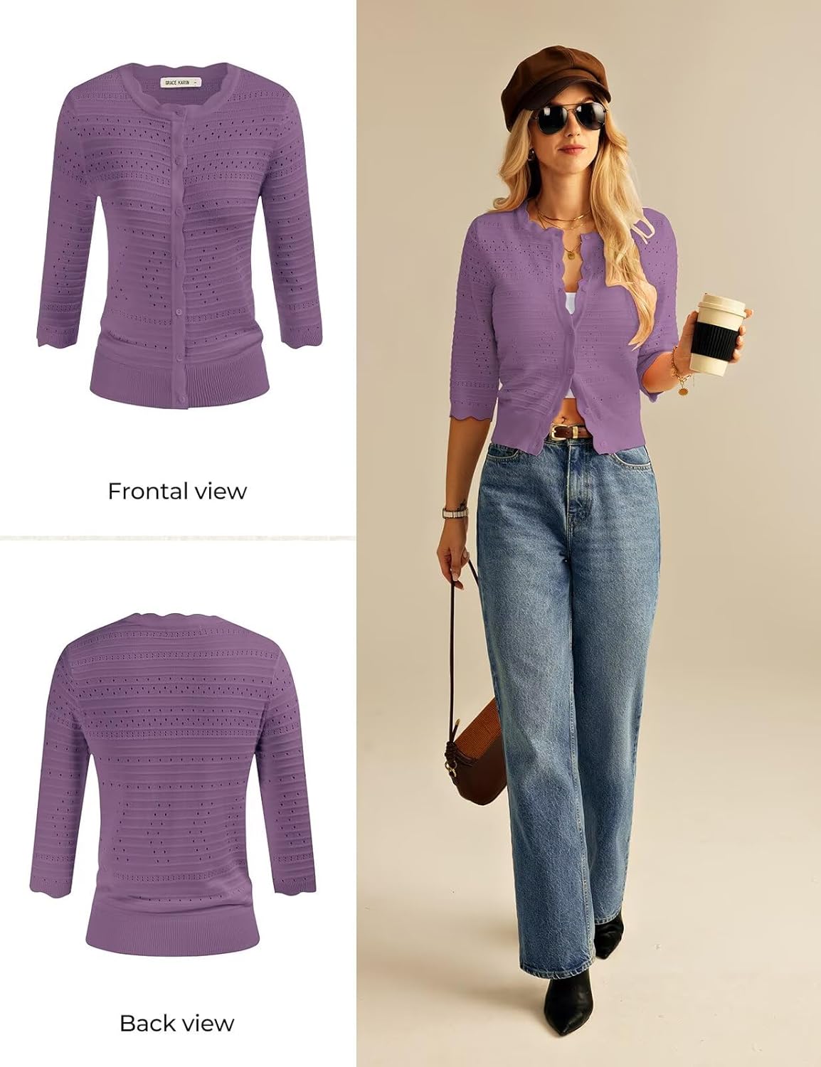 GRACE KARIN Womens 3/4 Sleeve Cardigan Sweater, Lightweight Cropped Cardigan Trendy, Dressy Casual Crochet Bolero Shrugs - Image 5