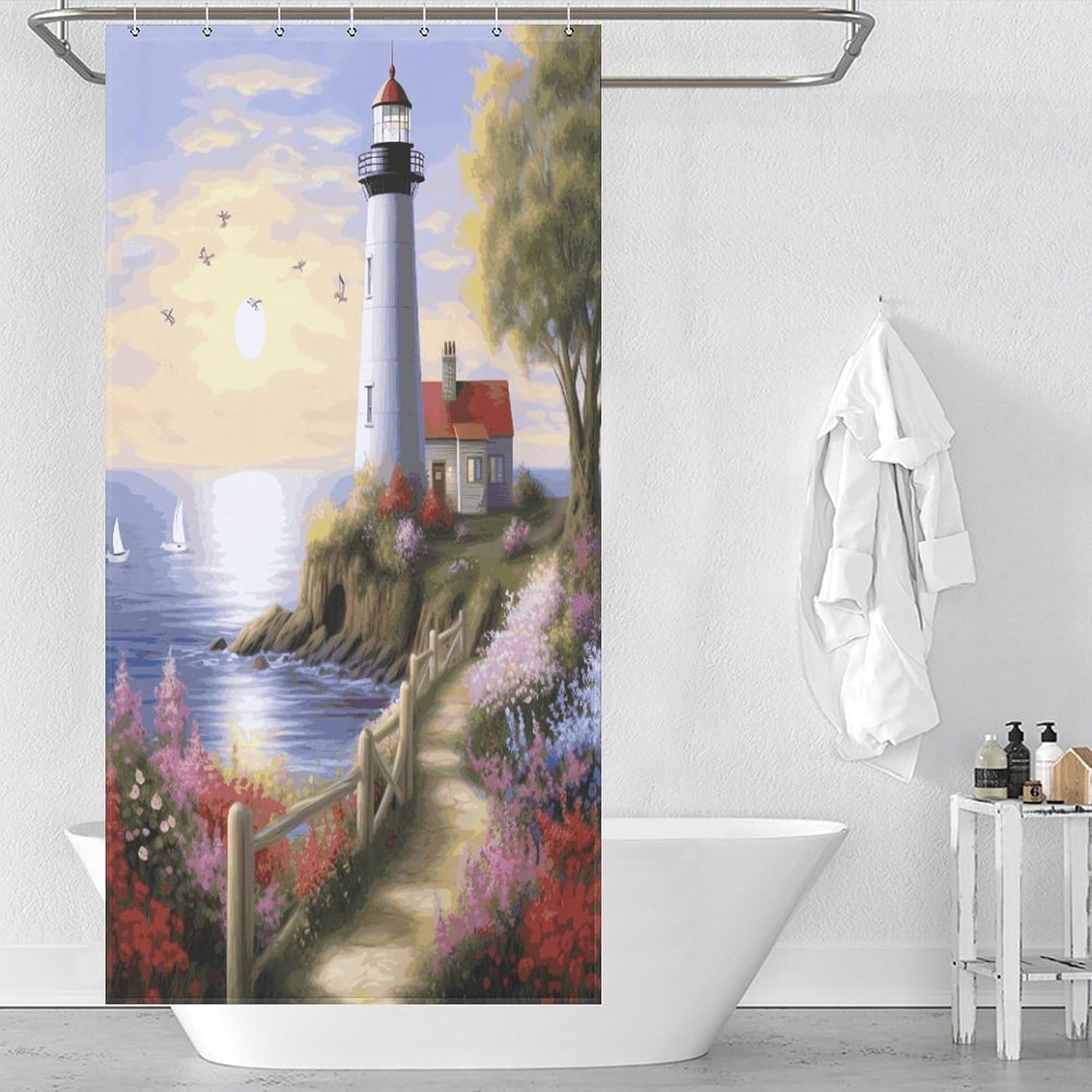 Shower Bath Curtain Bathroom Waterproof Polyester Lighthouse Diamond Painting Printed Heavy Duty Long Curtains for Bathroom Showers, Bath Tubs, Machine Wash, 72"x72"