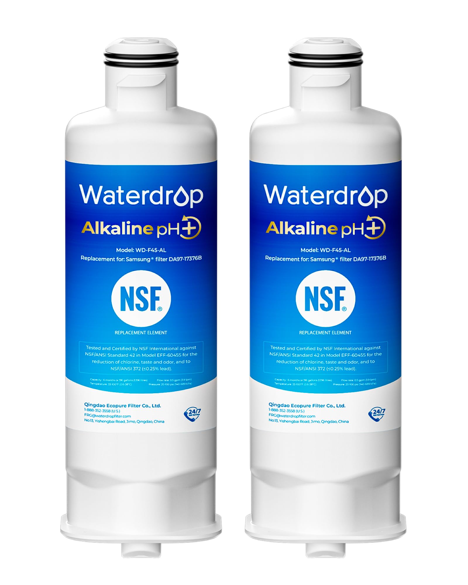 Waterdrop Alkaline WD-F45-AL Refrigerator Water Filter, Enhances pH, Replacement for Samsung® DA97-17376B, HAF-QIN/EXP, DA97-08006C, RF28R7201SR, RF28R7351SG, 2 Pack | Fridge.com