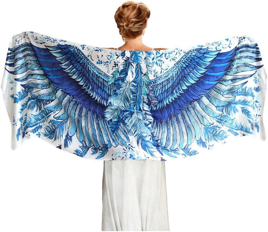 Designer Blue Silk & Cashmere Scarf With Wide Spread Bird Feather Wings (Blue Wings)