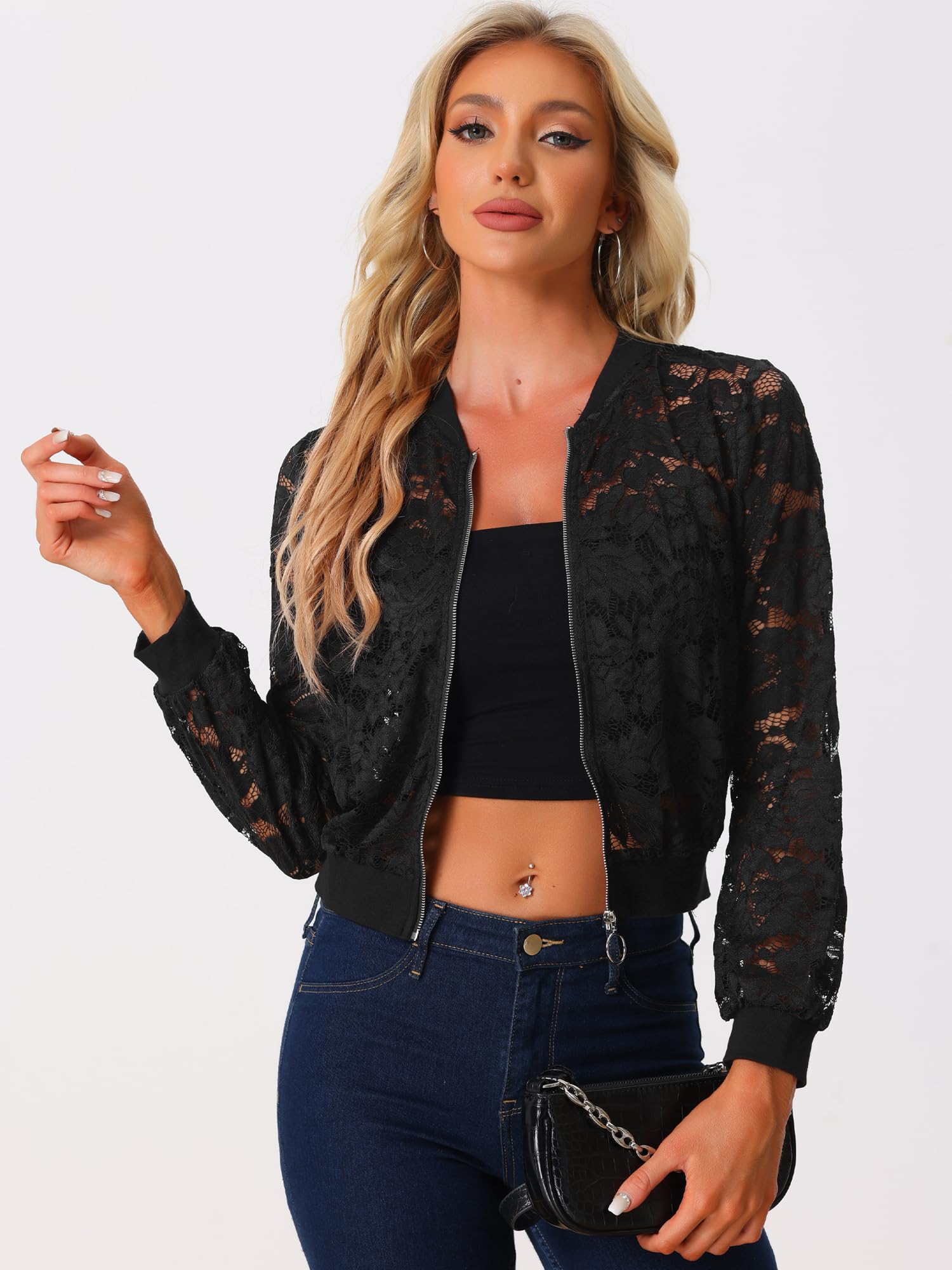 Allegra K Donna Giacche In Pizzo Per Giacca Bomber Trasparente In Rete Con Zip E Colletto Rialzato