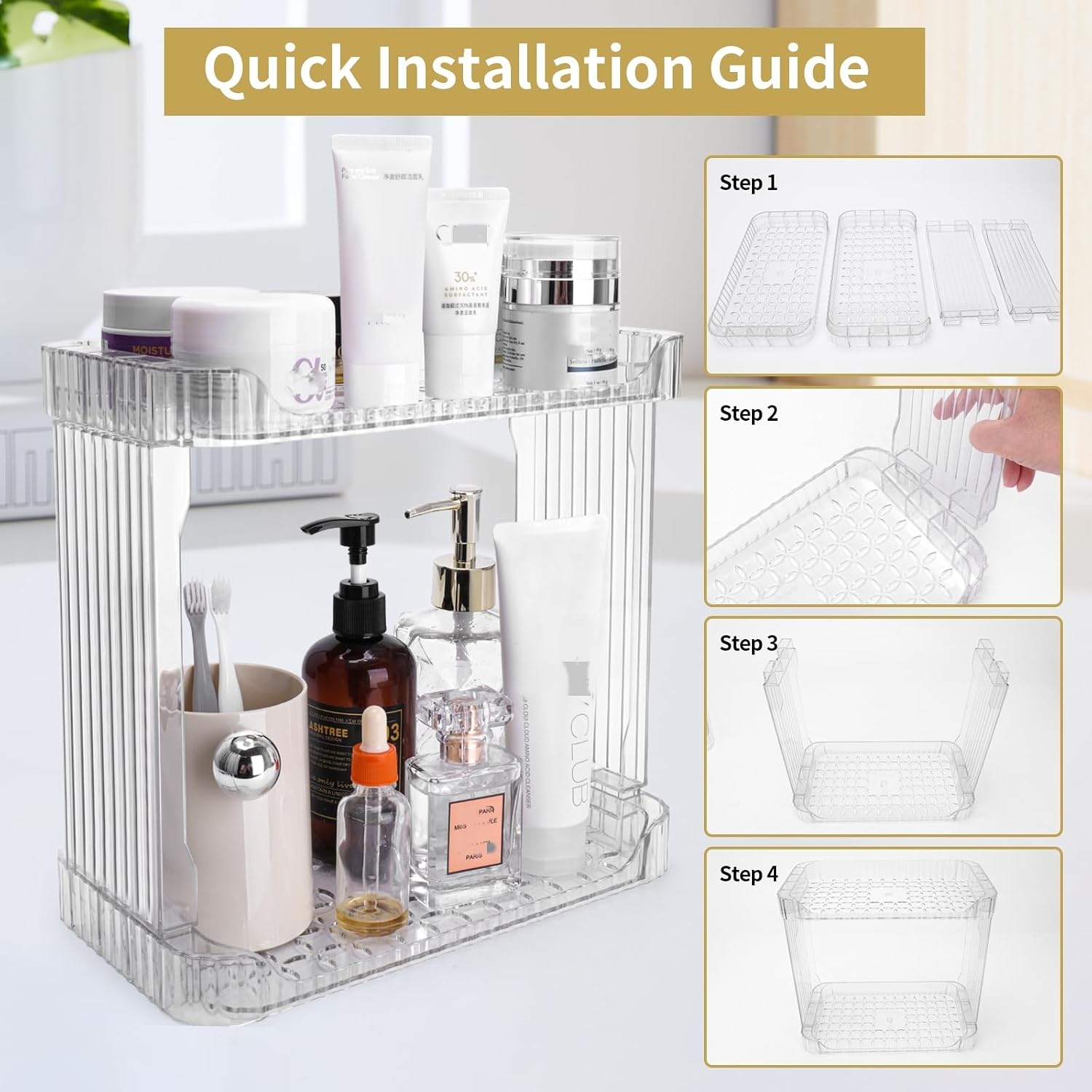 Ayswupt Acrylic 2 Tier Bathroom Counter Organizer,Makeup Organizer for Vanity,Clear Organizer Shelf for Kitchen Sink Countertop Storage,Perfume Tray for Dresser,Decor Tray for Skincare Cosmetics image 3