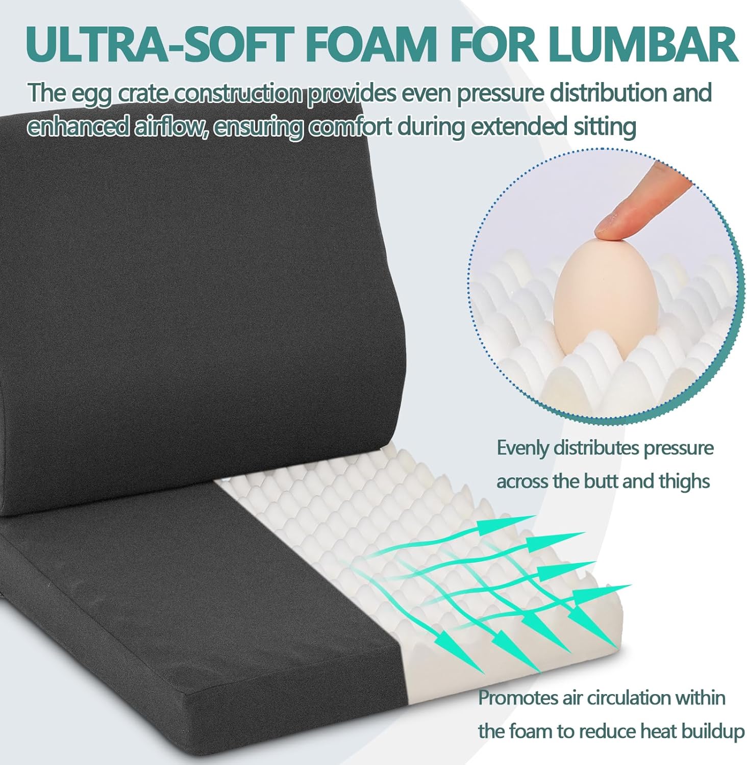 Shinnwa Lumbar Support Pillow for Recliner, Ultra-Soft Foam Back Support Pillow and Egg Crate Foam Seat Cushion 2-in-1 for Couch, Office Chair, for Back Pain Relief, Charcoal