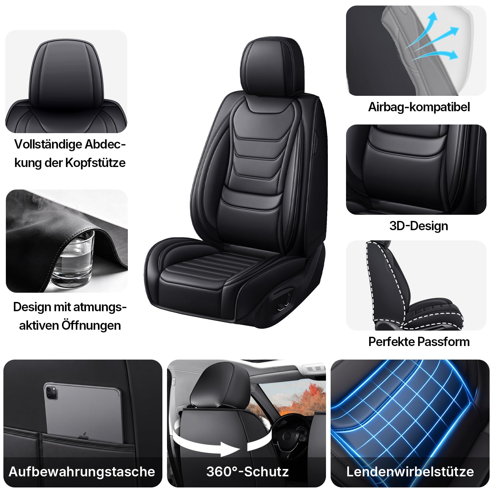 für SEAT Arona Autositzbezüge, 5 Sitze, Schwarz | Wasserfeste Leder-Autositzbezüge, Rutschfeste Kratzfeste Sitzbezüge, Einfach zu Montieren, Airbag-Kompatibel, Komplettset