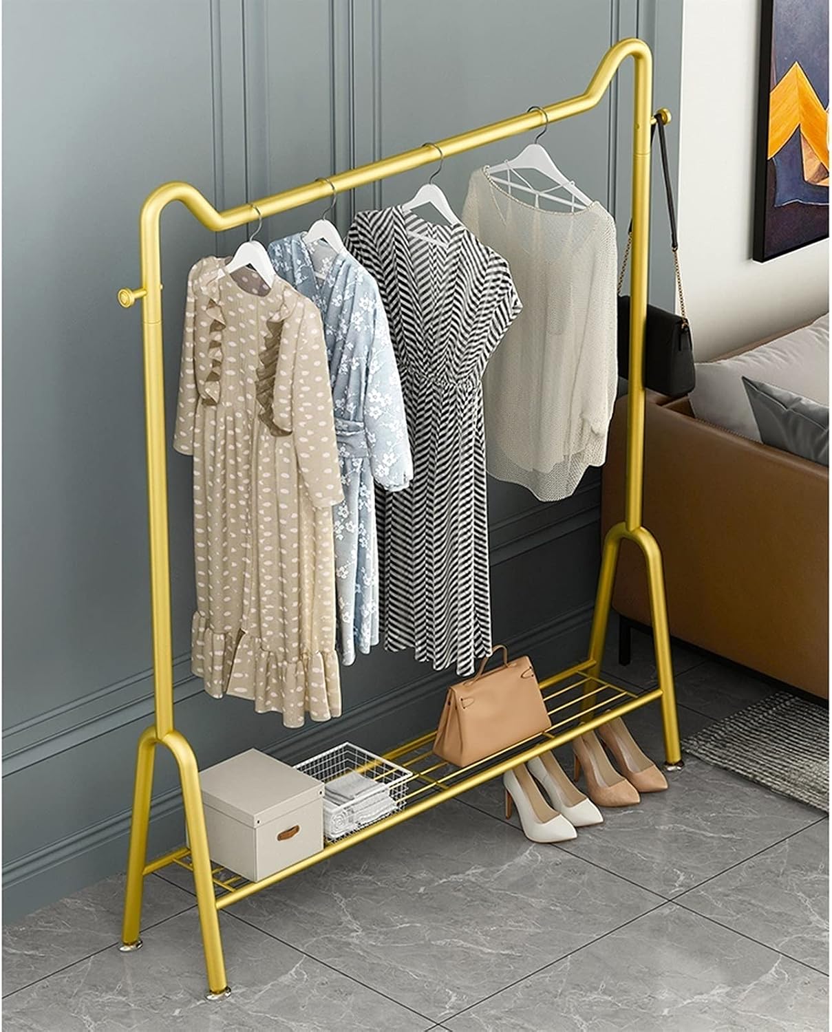 Clothes Rail with Storage Shelf, Clothes Rack with Bag Hooks, Modern Garment Display Stand Holds up to 75 kg (Gold-150cm image 2