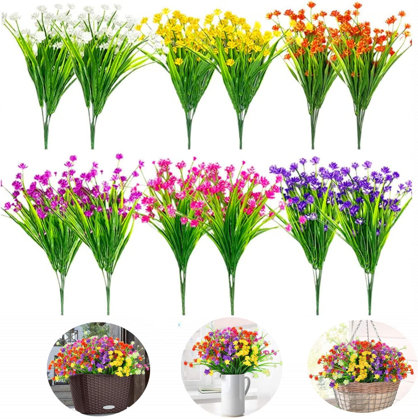KEPTFIT12 Bundles of 6 Colors Artificial Flowers Daffodils Outdoor UV Resistant Shrubs Plants Daffodils for Hanging Planter Home Wedding Porch Window Decor