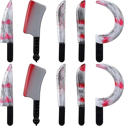 Juego de 10 cuchillos para disfraz de Halloween, machete, hoz, cuchillo de carnicero sangriento, juguete para cosplay, armas falsas, accesorios de