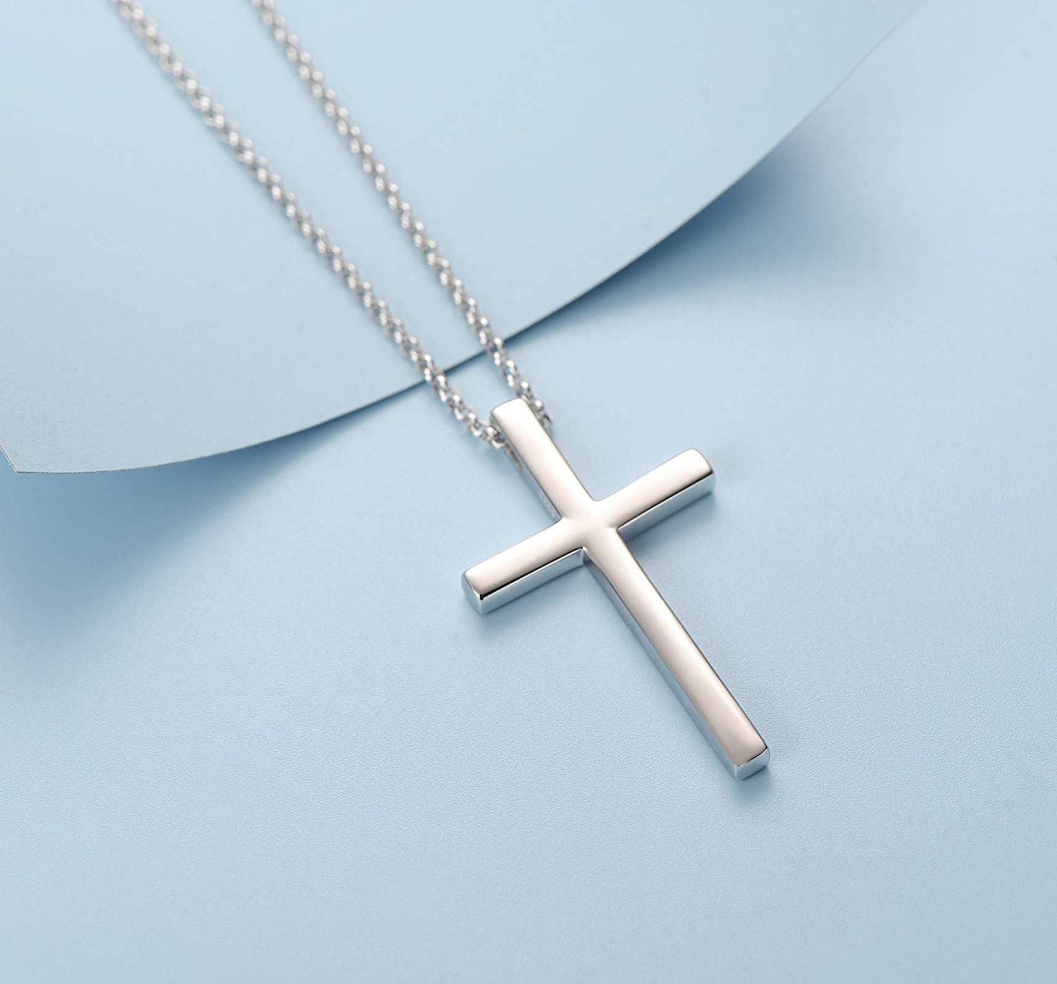 FANCIME Solide 925 Sterling Silber mit Weiß Vergoldet Kreuz Anhänger mit Silber Kette für Herren Jungs Kinder - Kettenlänge: 60 cm