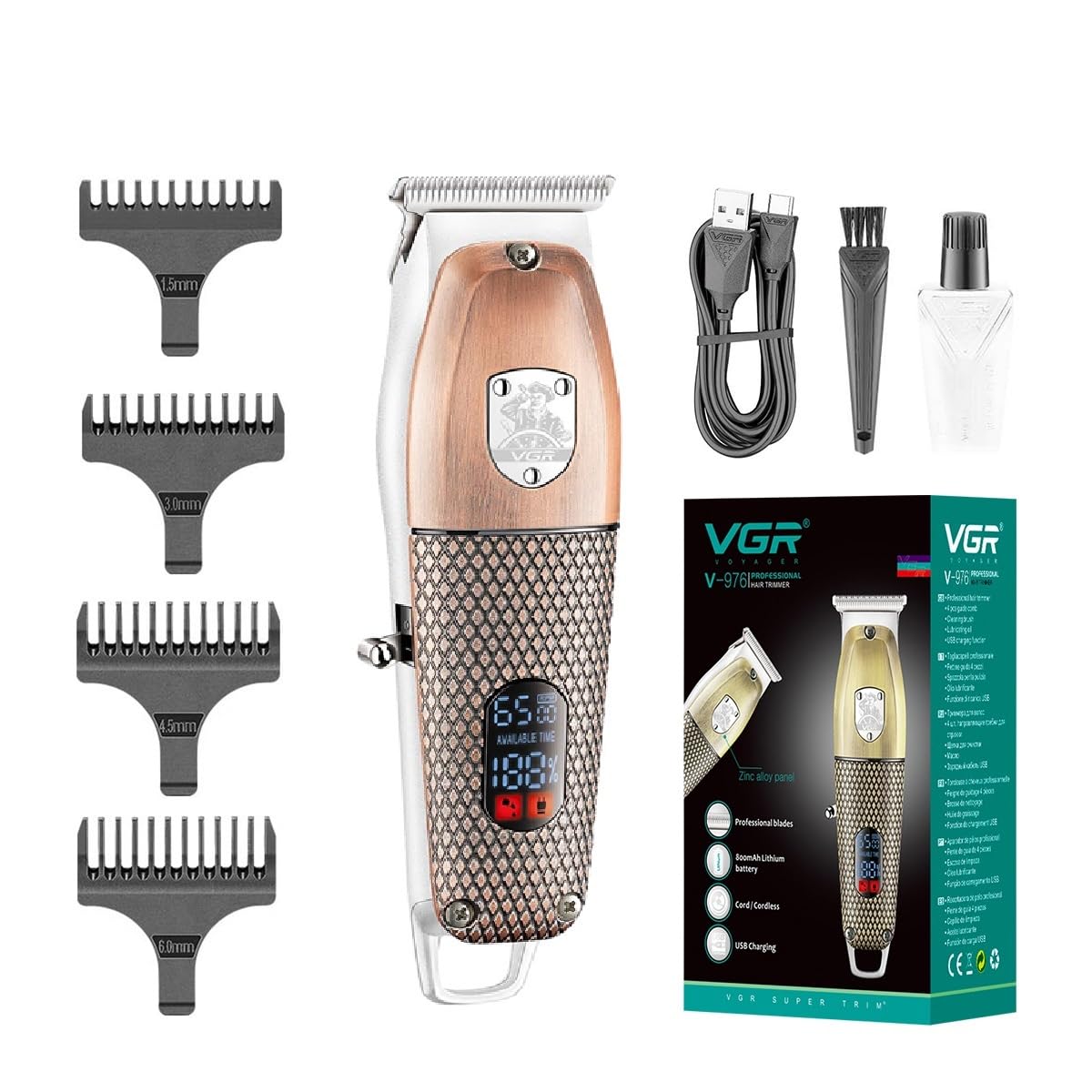 VGR V-976 Professional Rechargeable cordless 6500 RPM 150 Mins runtime Haircut Hair Clipper Beard trimmer Digital Display & Hanging Loop Stainless steel Blade USB Charging cable 4 Guide Combs (Copper)