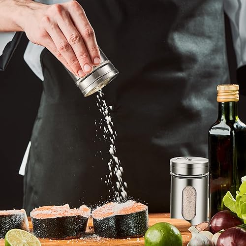 Miniatura 5 de Dandat 24 saleros y pimenteros de acero inoxidable con agujeros ajustables para verter y ventana de vidrio, dispensador de sal de 3.4 onzas, tarros