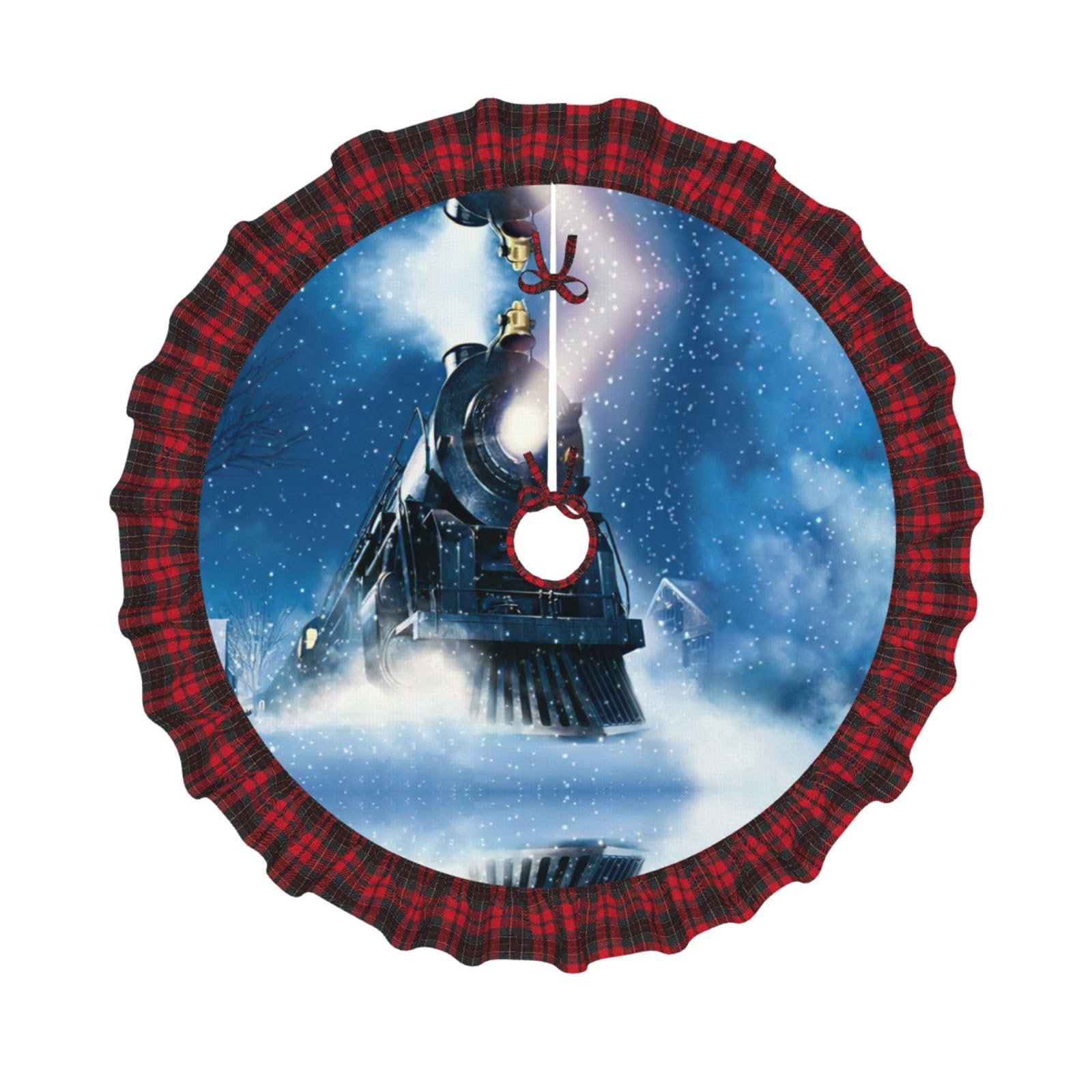 Jupe de sapin de Noël train avec bord rouge et noir pour décoration de maison