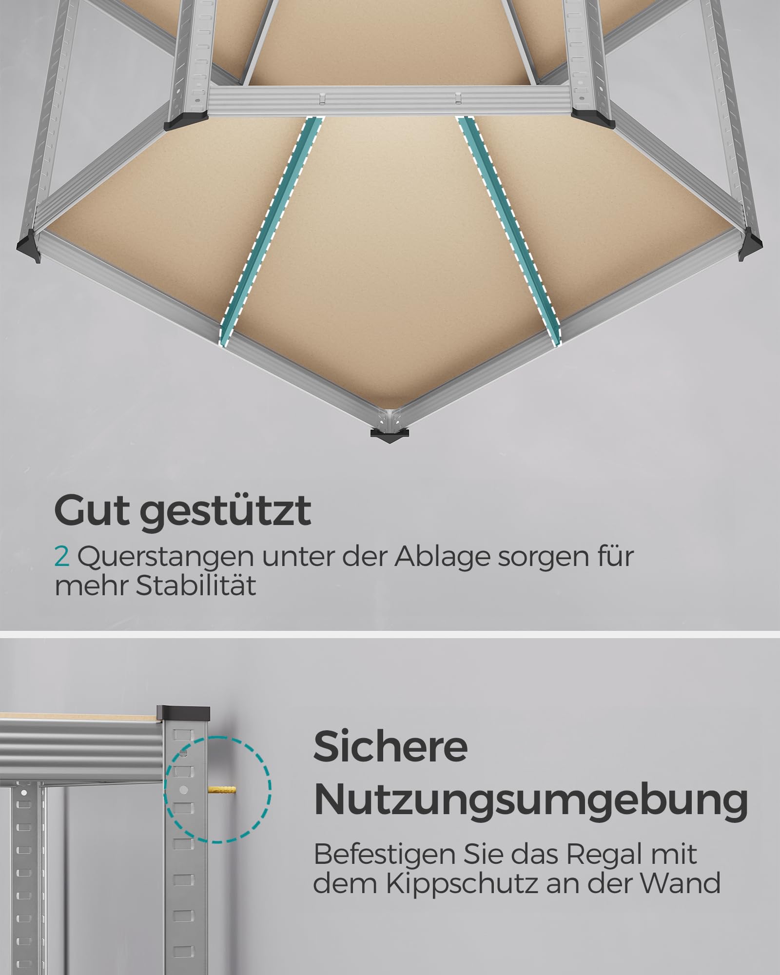 SONGMICS Eckregal 5 Ebenen, Schwerlastregal, Metall, Lagerregal für Garage, Abstellraum, Kellerregal, 1er Set（180 x 70 x 40 x 43 cm bis 875 kg belastbar, silbern-naturbeige GLR080E01