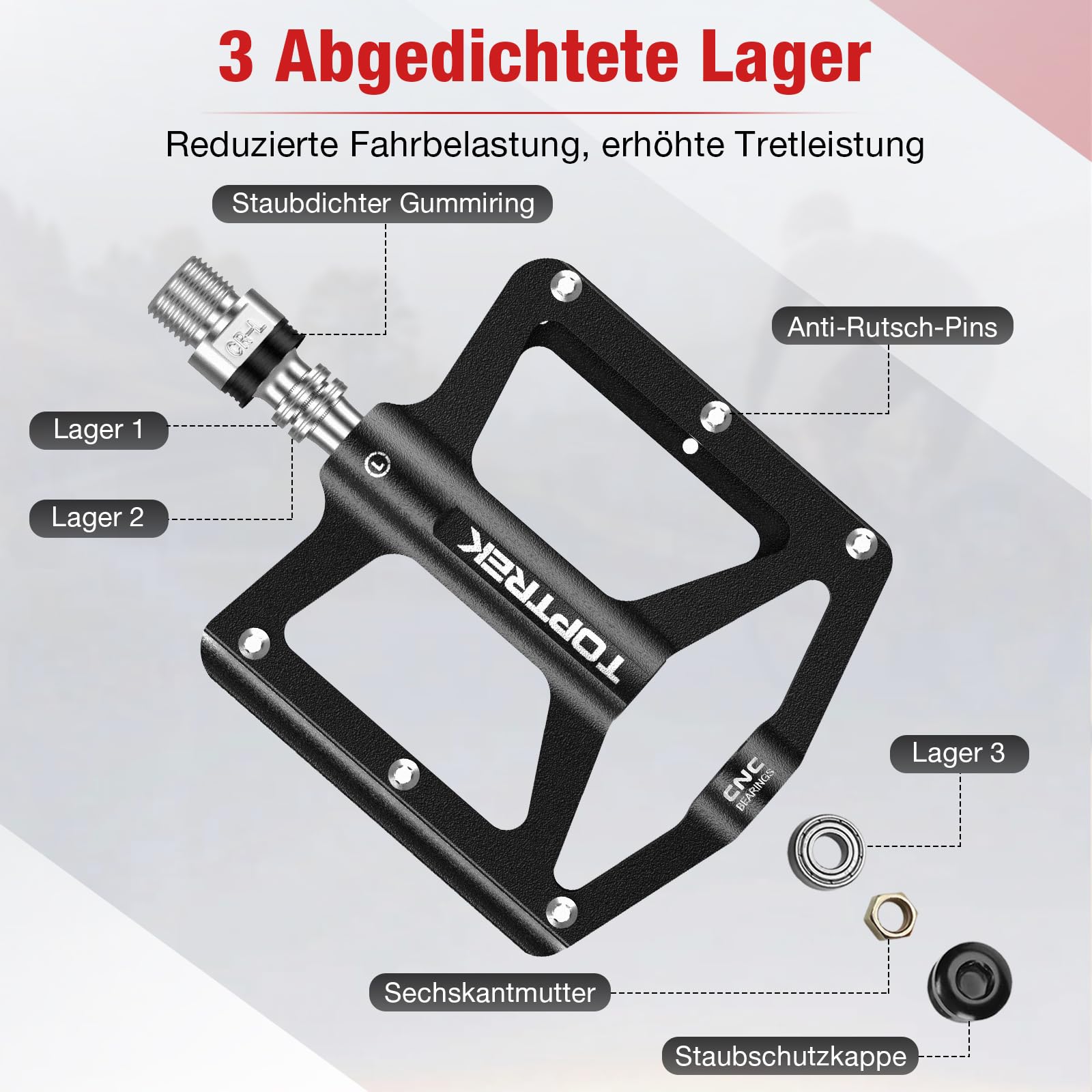toptrek Pedały rowerowe, CNC, aluminiowe, antypoślizgowe, z 3 uszczelnionymi łożyskami, pedały MTB 9/16", płaskie pedały do MTB, rowerów wyścigowych, BMX, trekkingu, rowerów elektrycznych
