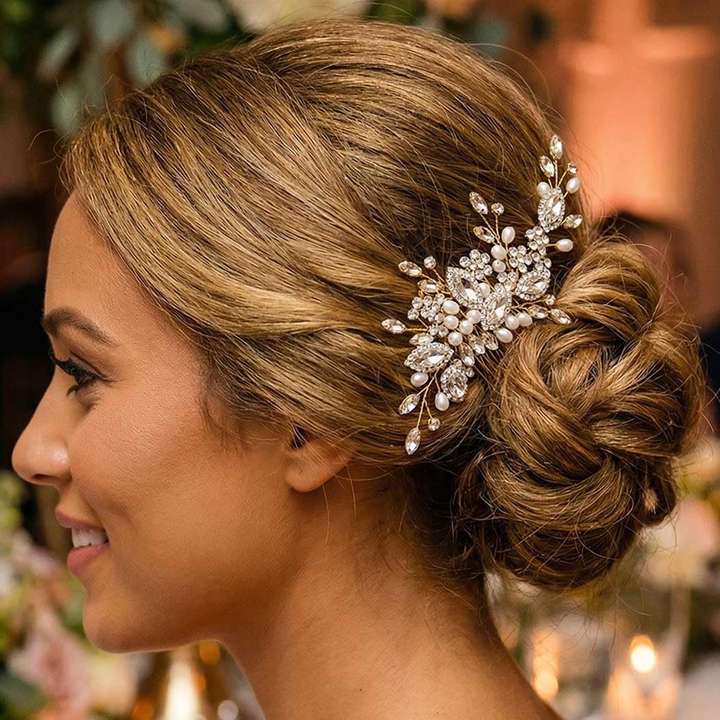 Casdre Crystal Bride Wedding Hair Comb Pearl Bridal Hair Piece Hair Accessories for Women and Girls (B Gold) - Image 7