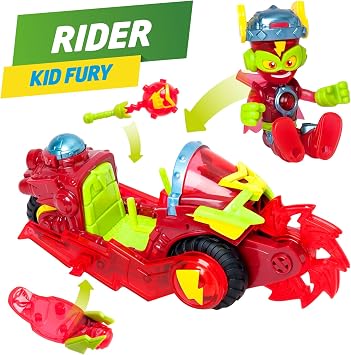 SUPERTHINGS KAZOOM POWER – Kid Fury Combat Vehicle. Kid Fury's combat vehicle from the animated series Kazoom Power. Contains 1 Combat Vehicle, 1 Exclusive Kid Fury, 1 Weapon, and 1 Accessory.