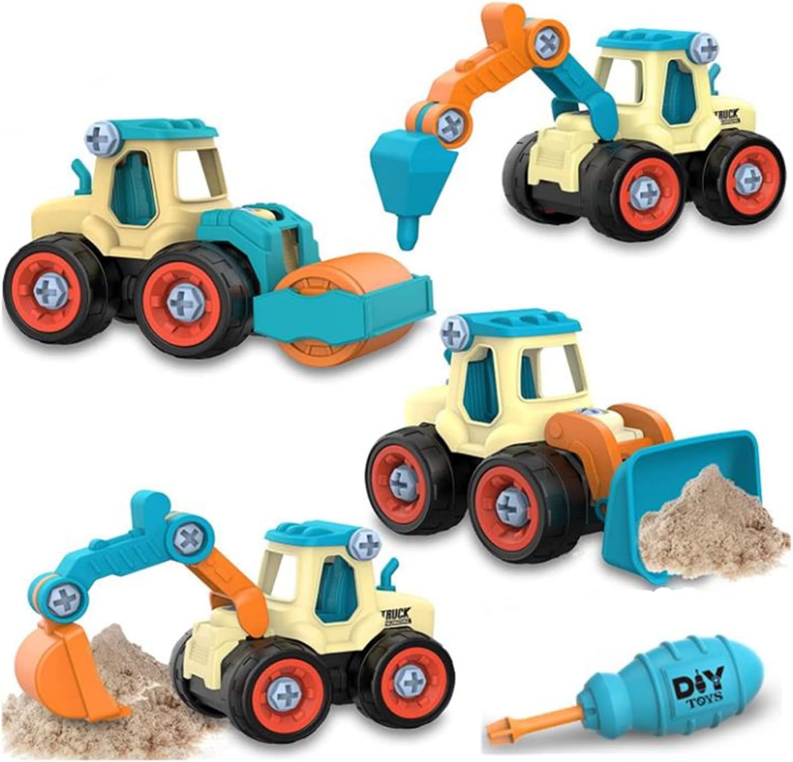 AM ANNA Take Apart Toys, 4 pcs DIY Truck Car Toys Set for Sand Toys for Toddler Outdoor Toys, Construction Engineering STEM Learning Toys Building Play Set for Kids Children with Carry Case