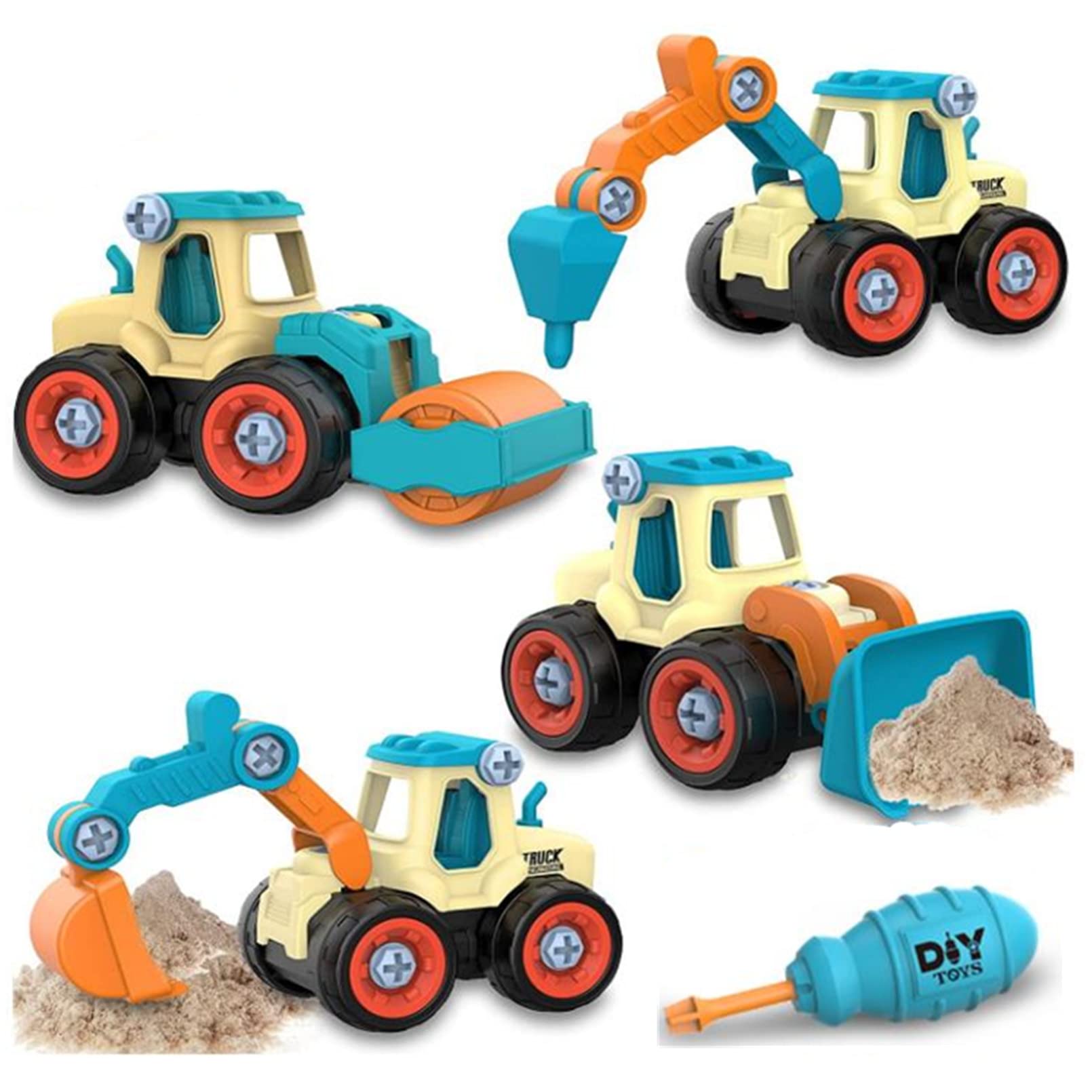 AM ANNA Take Apart Toys, 4 pcs DIY Truck Car Toys Set for Sand Toys for Toddler Outdoor Toys, Construction Engineering STEM Learning Toys Building Play Set for Kids Children with Carry Case