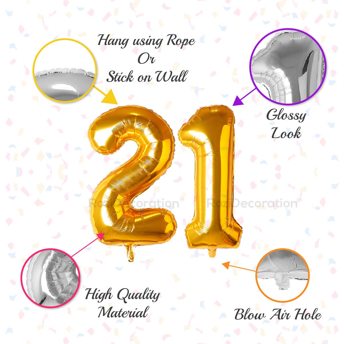 Rozi Decoration Foil 21 Number Balloon Helium Supported 16? Inch Golden Number For Birthday Decoration | 21Th Anniversary Decoration | 21 Birthday Decoration Items Pack Of 2 Pcs 2