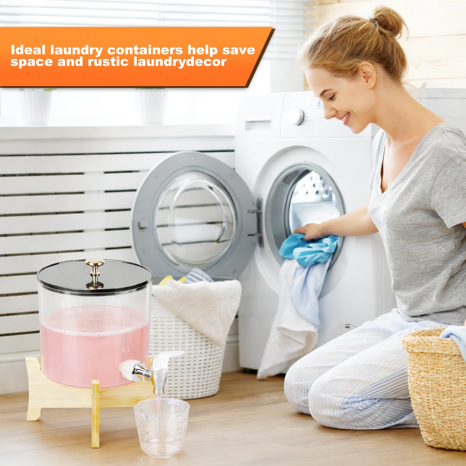 Płynny detergent w wylewie, 2,5L Pod do przechowywania z drewnianym stojakiem Wielokrotnego użytku wylew do detergentu w płynie z kranem i pokrywkami do wybielacza, środka do płukania i