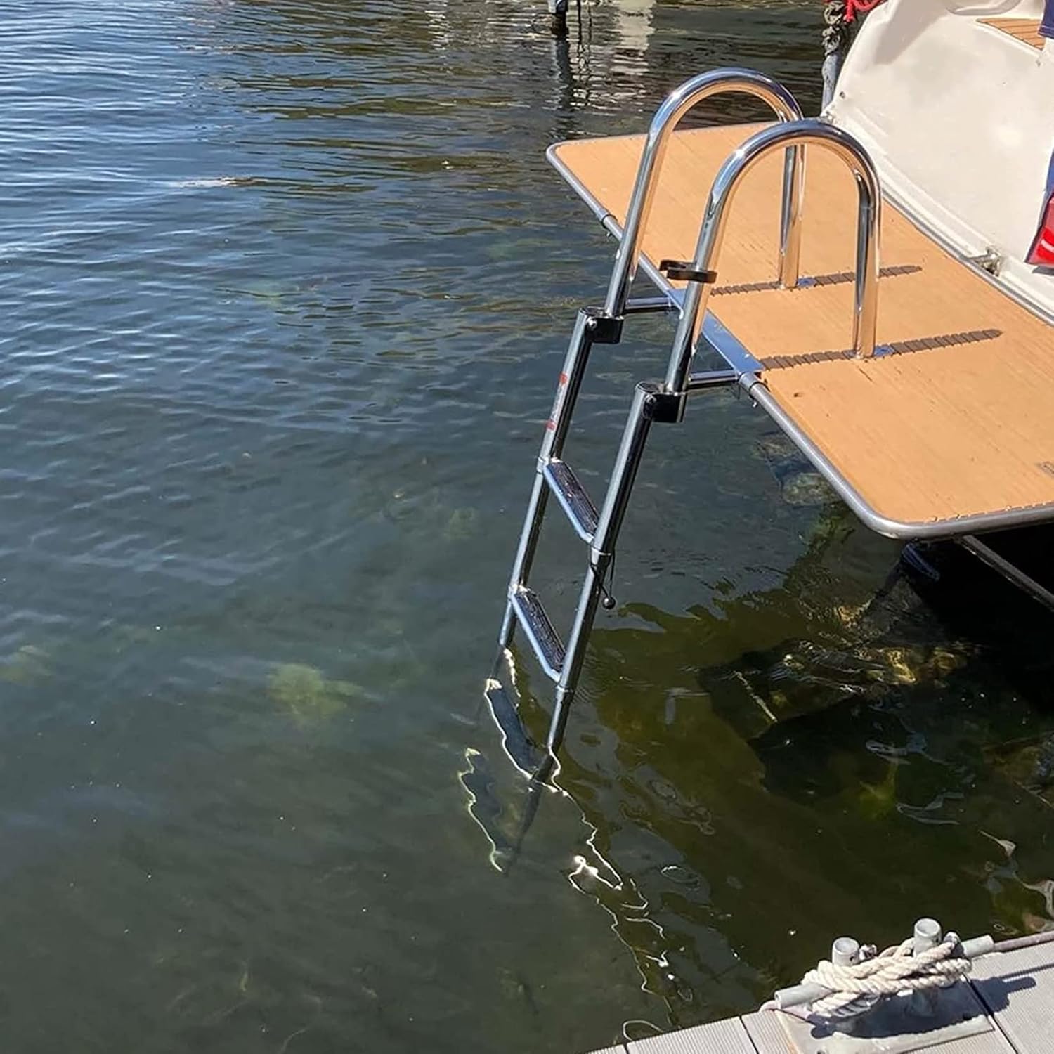 4 Steps Pontoon Boat Ladder, Stainless Steel Swimming Pool Ladder, Folding Telescoping Inboard Ladder Heavy Duty Swim Deck Ladder with Hand Railing Dock Ladder Extra Wide Steps,Max Load 500