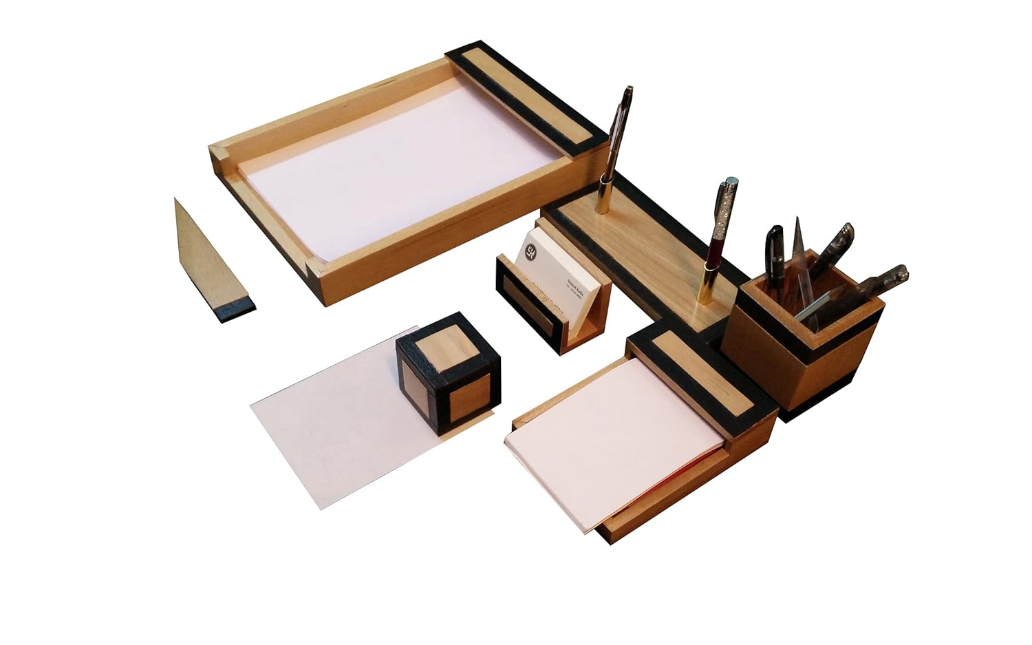 SLK Wood Products All Wood and Leather Office Desk Organizer Set (Pen