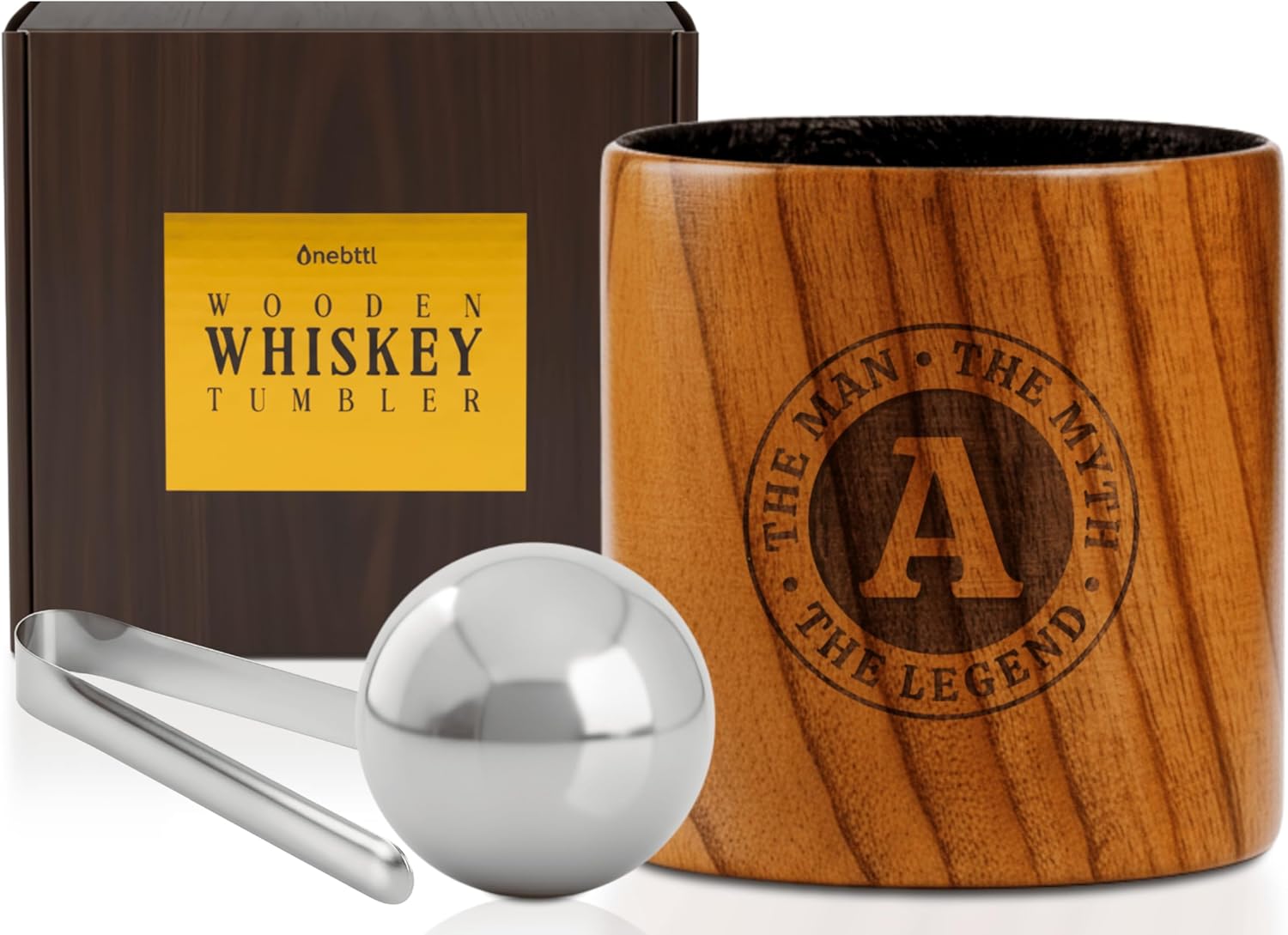 Onebttl Personalized Charred Wooden Whiskey Glasses for Men, Bourbon Drinking Glass, Birthday, Christmas Gifts for Him, the Man the Myth the Legend, A