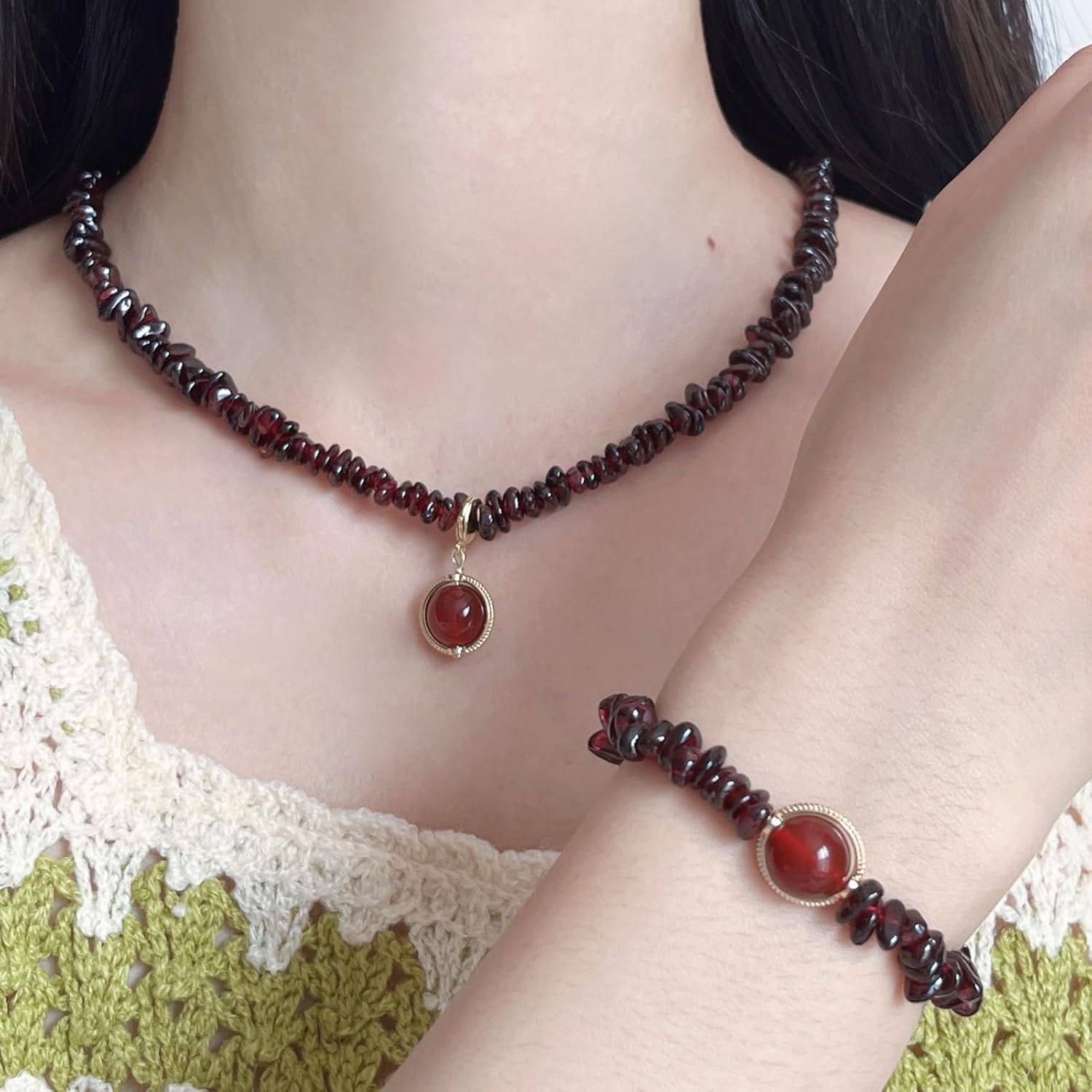Raw Natural Garnets Chips Necklace with Round Garnet Bead Pendant, January Birthstone Necklace, Red Crystal Gemstone Chain, Handmade Energy Healing Crystals Gift for Her (14K Gold Plated)