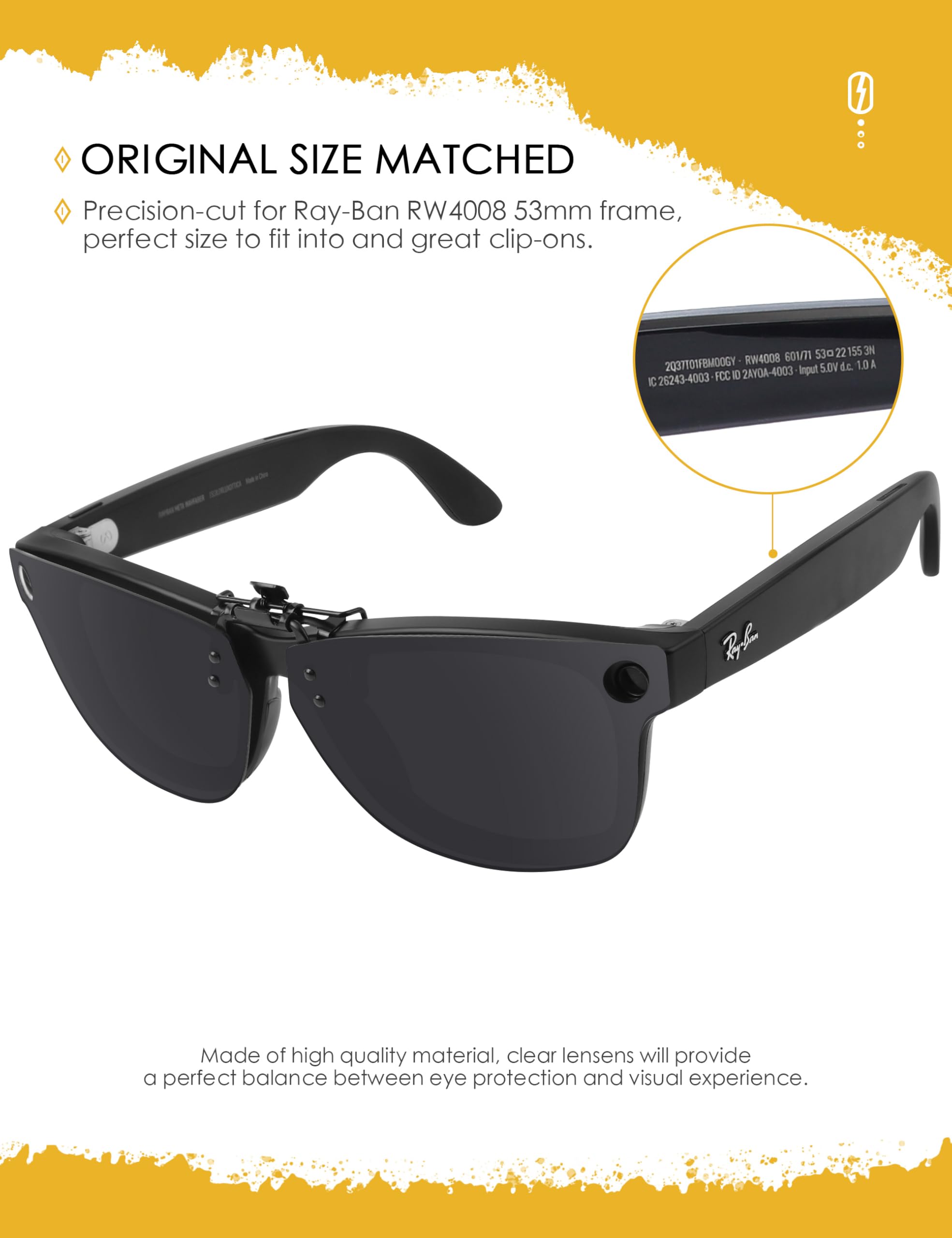 Gafas de sol polarizadas con clip compatibles con Ray-Ban Meta Wayfarer RW4008 53 mm, protección UV y ajuste seguro
