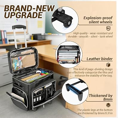 LIWSHWZ Rolling Teacher Tote Bag,Wheeled Teacher Bag with Detachable Dolly & File Teacher Tote