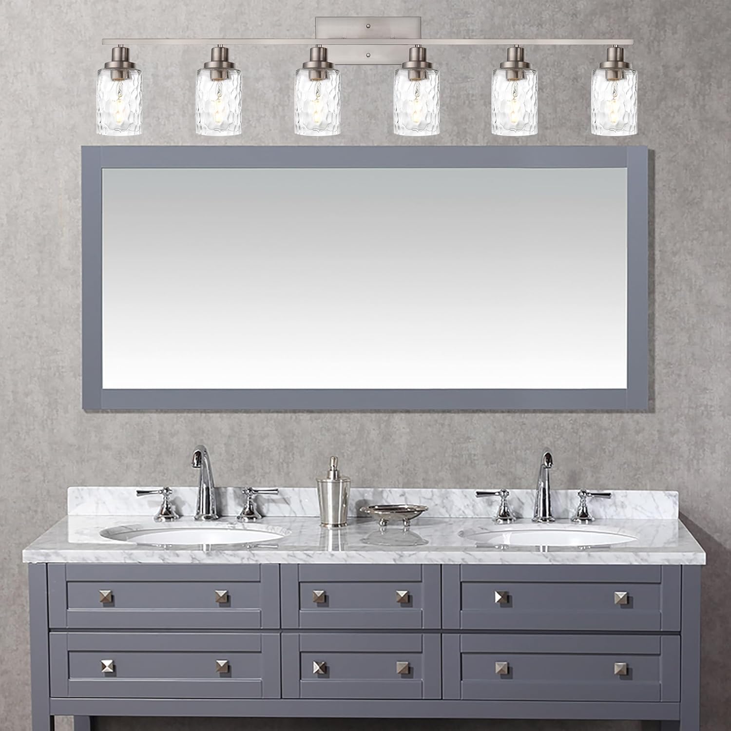 MELUCEE 6-Light Bathroom Vanity Light Brushed Nickel Finish with Clear Hammered Glass Shade, Industrial Wall Light Fixtures for Bath Mirror Bedroom Dressing Table (Patent No.: US D963914 S)
