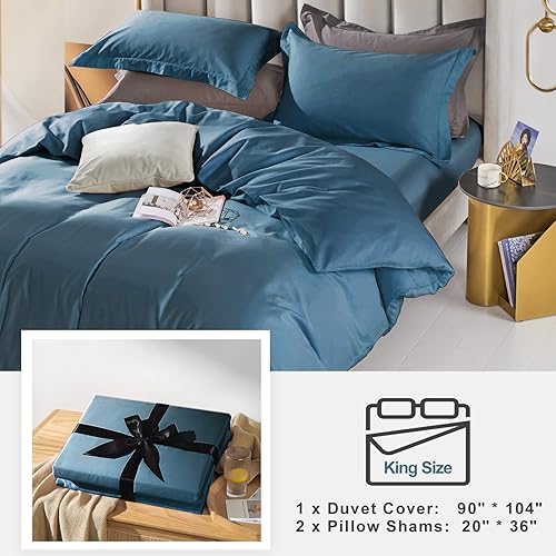 Miniatura 6 de MILDLY Juego de funda de edredón 100% algodón de fibra larga, tamaño King, juego de funda de edredón azul verdoso, juego de ropa de cama ultra
