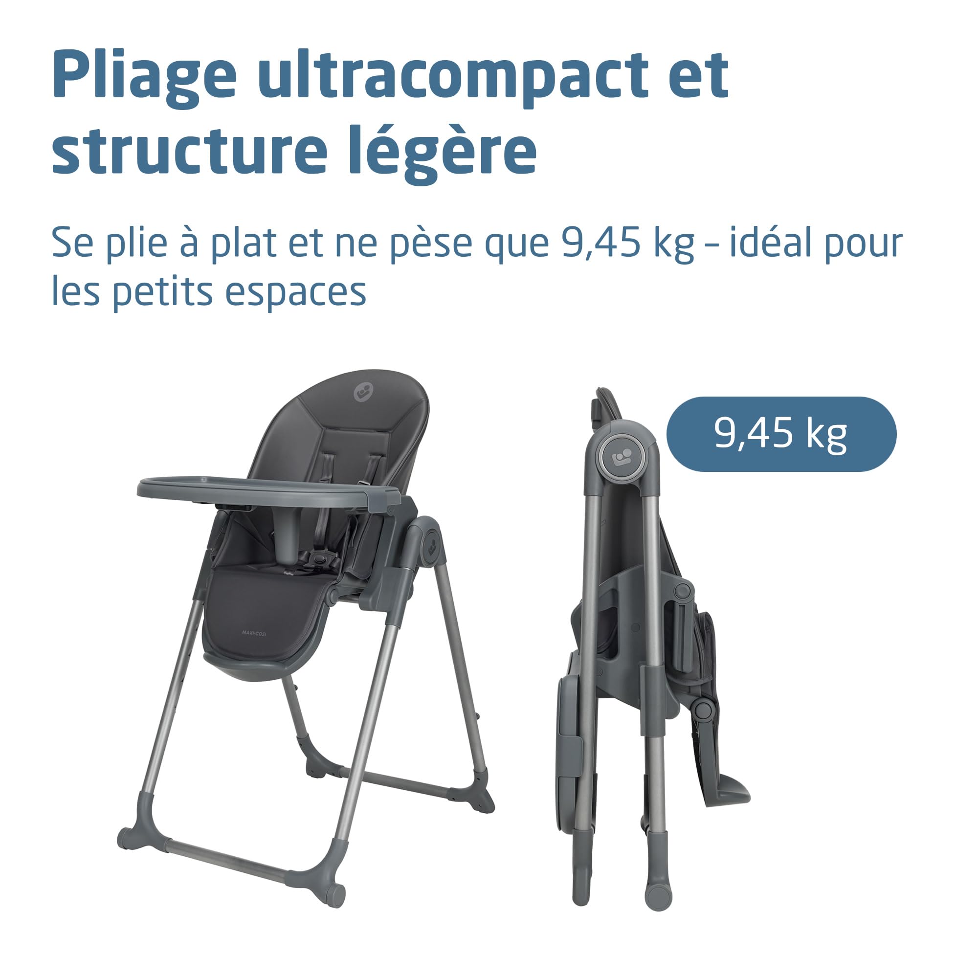 Maxi-Cosi Ava2 Chaise Haute Bébé, 0-3 ans (15 kg max.), Chaise Haute Pliable, Légère (9,45 kg), 4 Réglages D'inclinaison & 5 de Hauteur, Plateau Amovible d'une Main, 2 Roulettes, Elegance Graphite