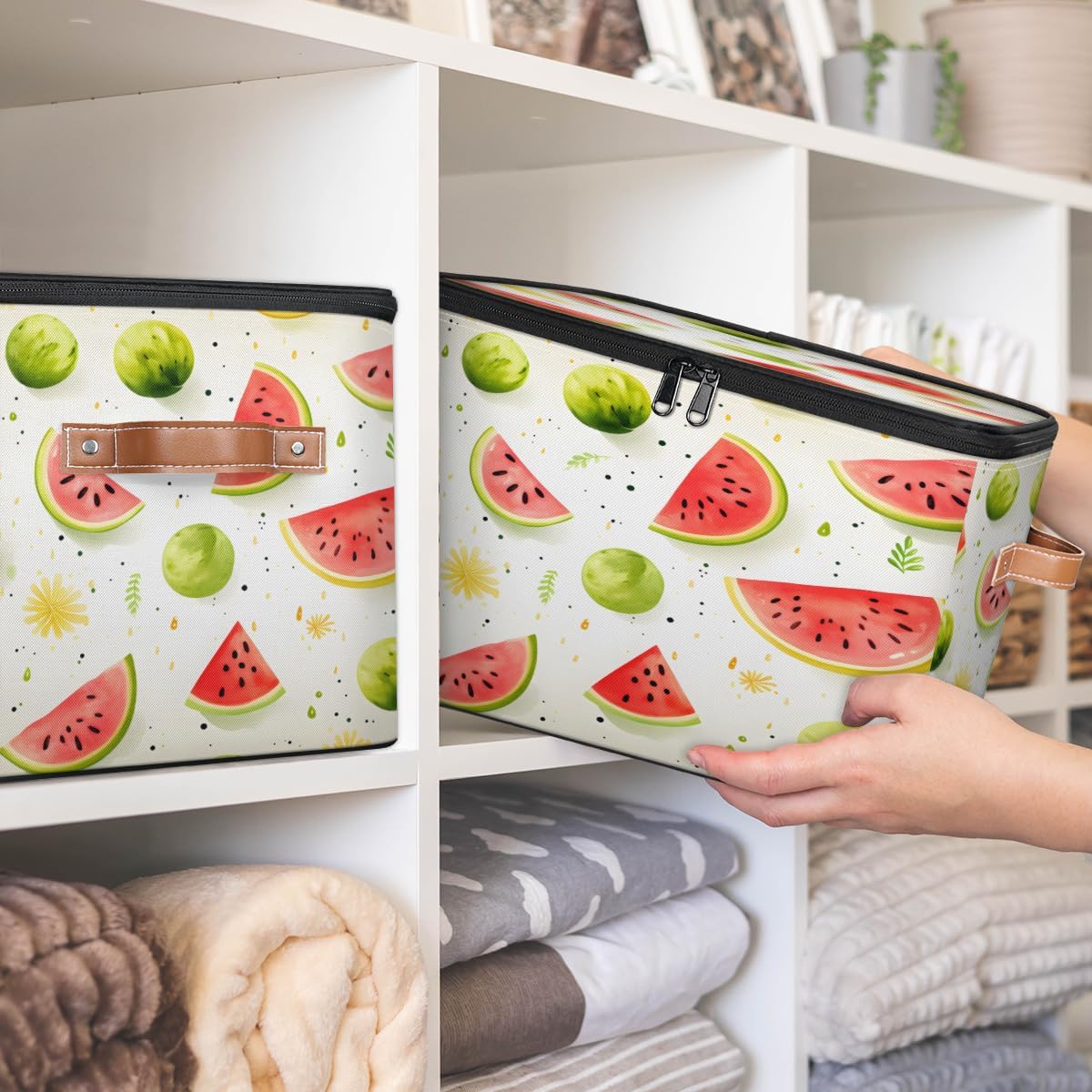 Storage Bin Set of 2 Summer Watermelon Storage Basket with Zipper Lid & Handle Foldable Closet Shelf 2 Pack Cloth Organizer Basket Cube Bins Clothes Organizer for Nursery, Bedroom