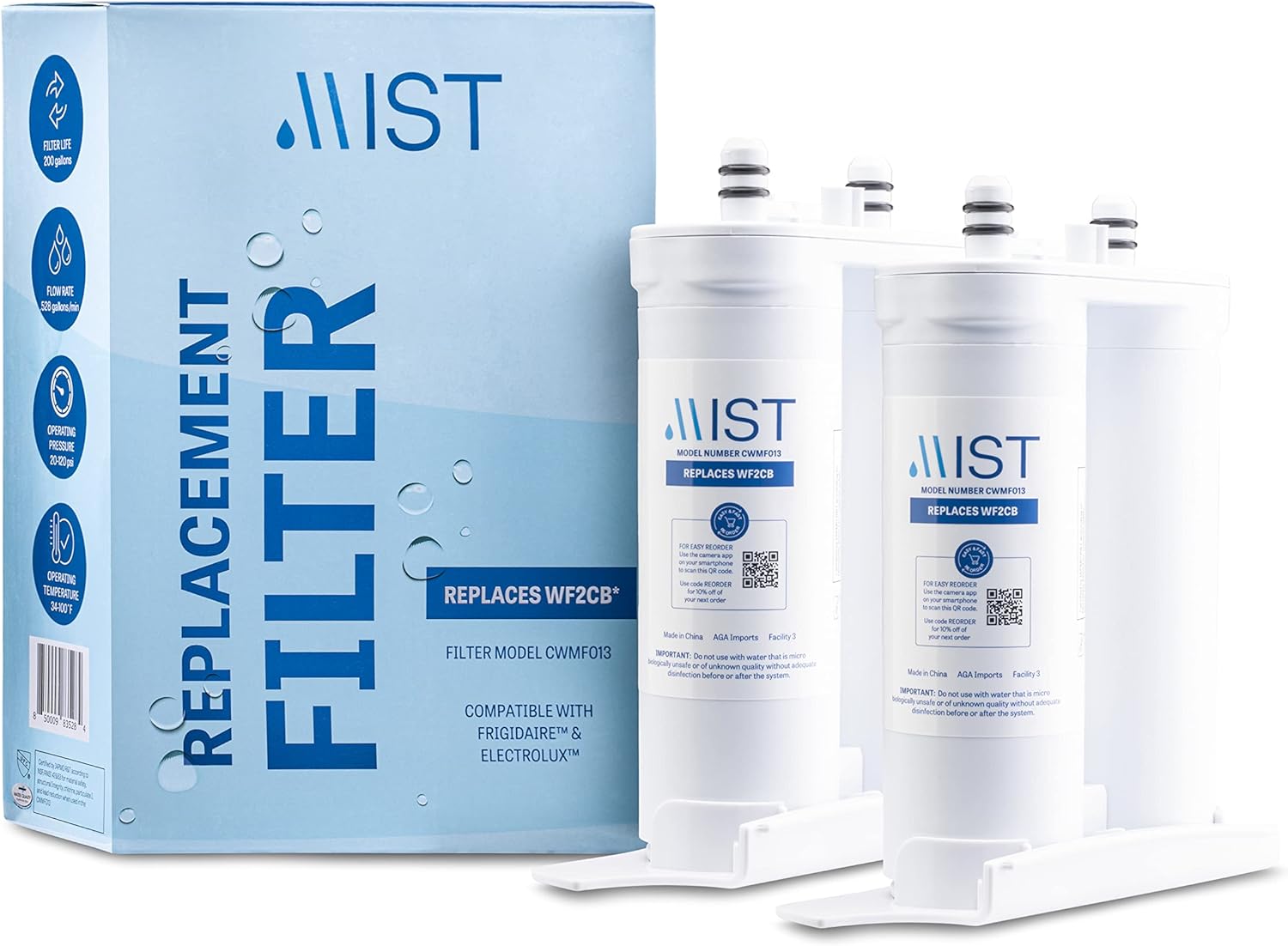 Mist WF2CB Water Filter Replacement for Frigdaire & Electrolux, Refrigerator Water Filter compatible with PureSource2, FC100, Kenmore 9916, 469916, EWF2CBPA, NGFC 2000-WF2CB (2 pack)
