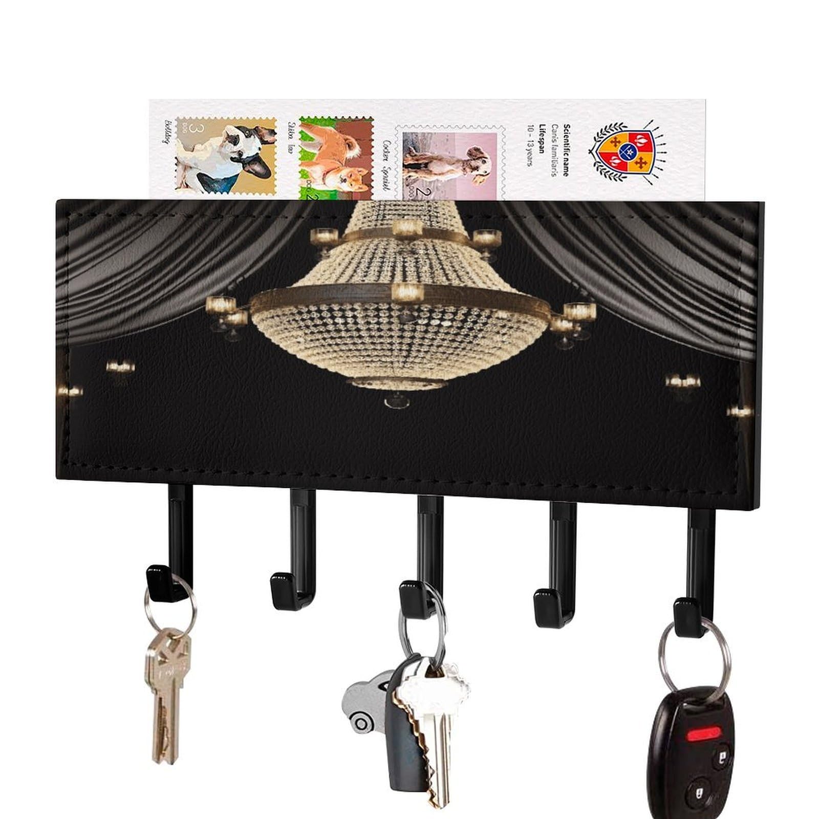 JTREHY Ball Room Chandelier Key Holder Wall Mount Decorative Key and Mail Holder PU Leather Adhesive Key Organizer Hanging Key Hooks Wall Shelf with 5 Hooks for Entryway Hallway Office