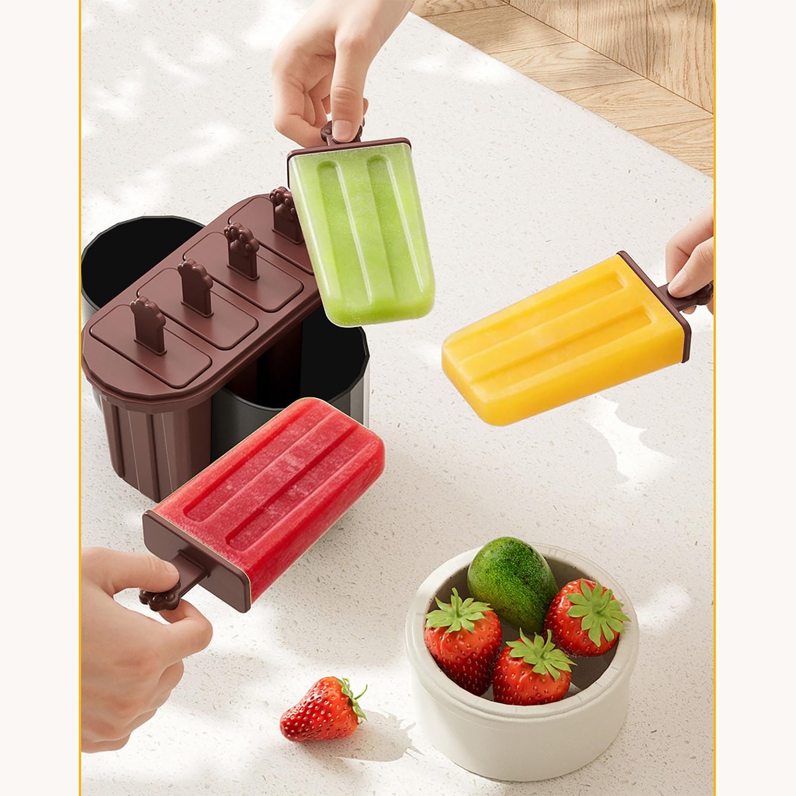 Molde Helados de 4 Cavidades, Molde para Helados, Fácil de Desmoldar, Reutilizable, para Reuniones de Verano, Picnics y Fiestas(Beige)