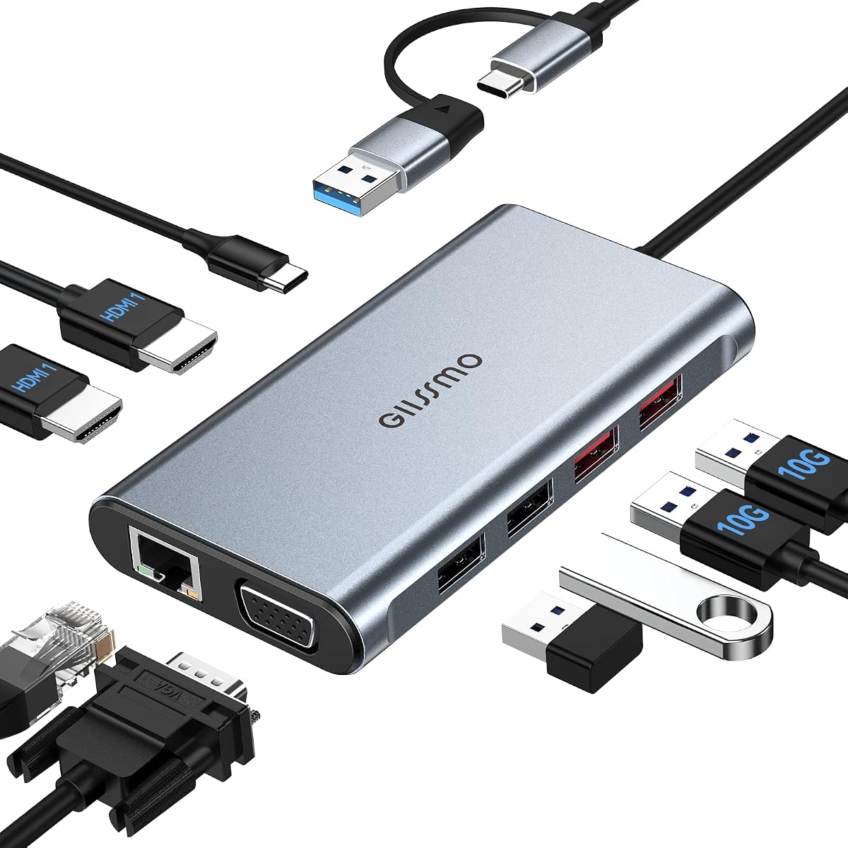 Estación de acoplamiento USB para monitor dual, GIISSMO 9 en 1 USB A 3.0 / USB C Estación de acoplamiento para monitor triple con 2 HDMI, VGA, USB 3.1 de 10 Gbps, Gigabit Ethernet, pantalla triple para Mac, MacBook y computadora portátil con Windows
