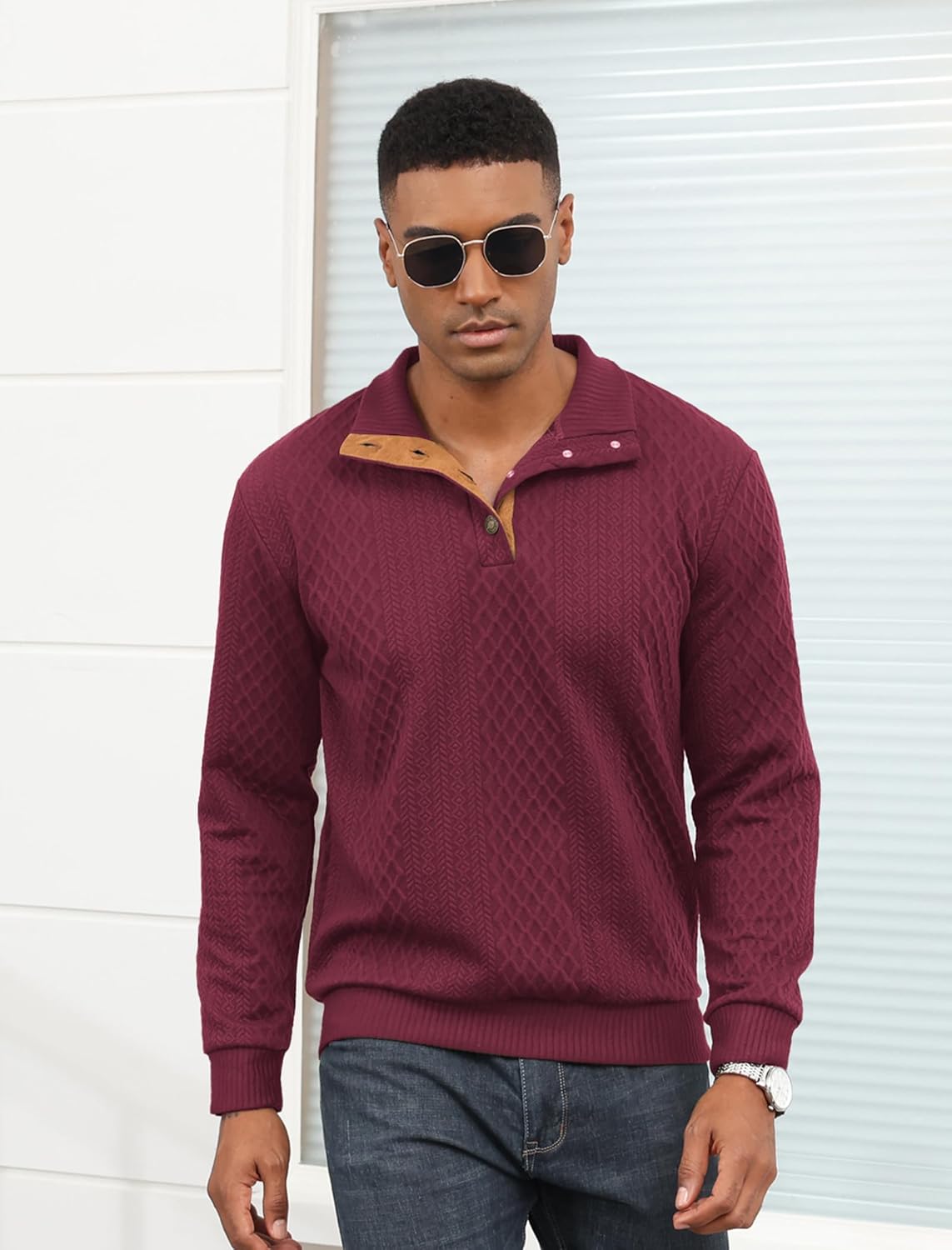 Lexiart Mens Casual Knitted Pullover Sweater Long Sleeve Stand Collar Vintage Button Sweaters with Elbow Patches - Image 6