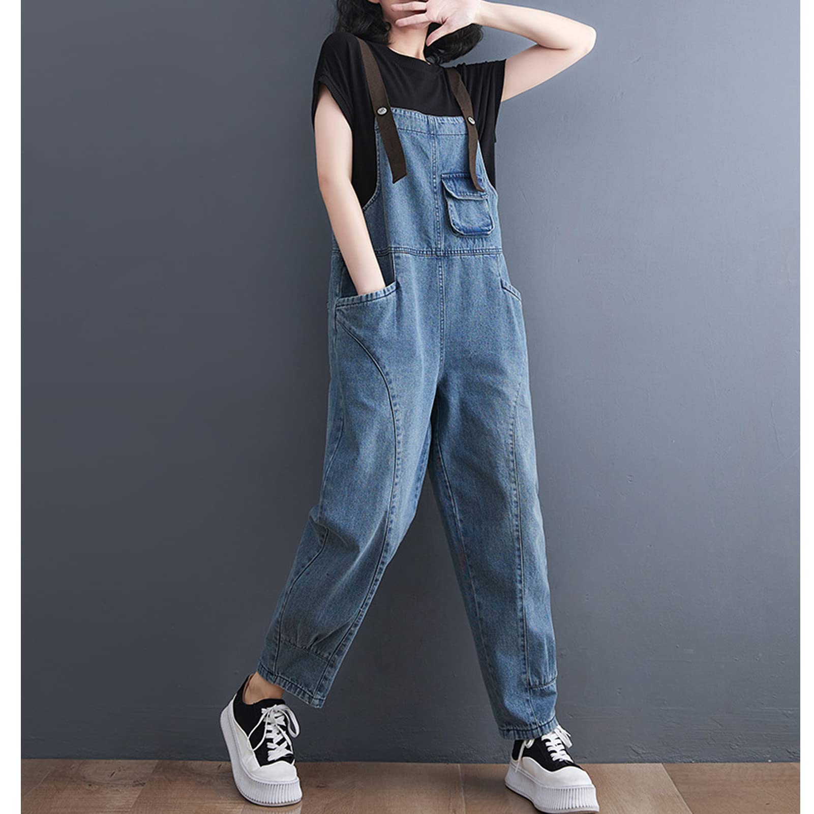 Salopette Donna Jeans retrò in Denim Lunga Regolabile Cinturino Senza Maniche Tute Baggy Casual a Gamba Larga Pantaloni Dungarees Overall Jumpsuit Blue-XXL
