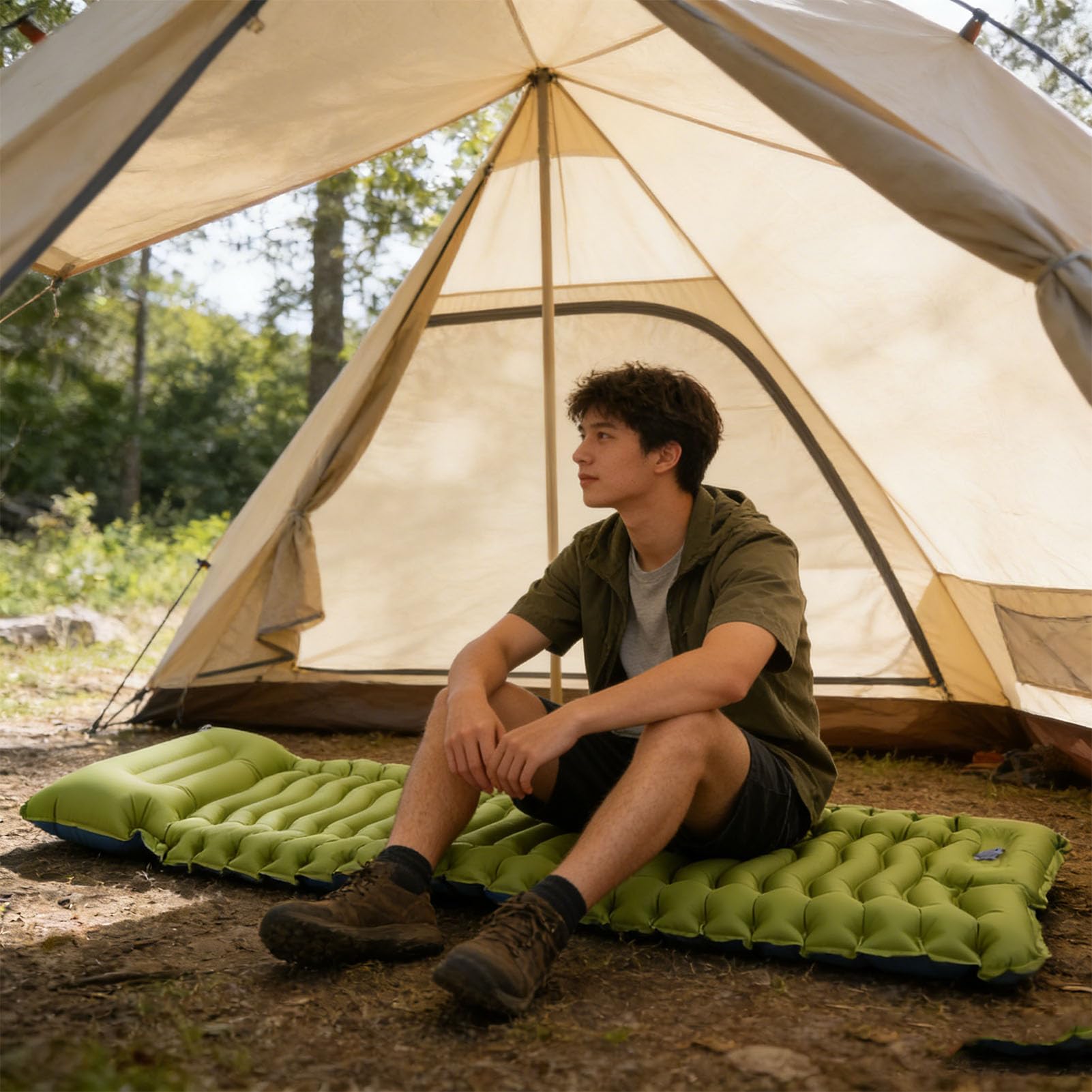 Srliya Coussin de Couchage de Camping avec Oreiller intégré, Pompe à Pied, en TPU épais, Auto-gonflant, pour Randonnée et Sac à Dos