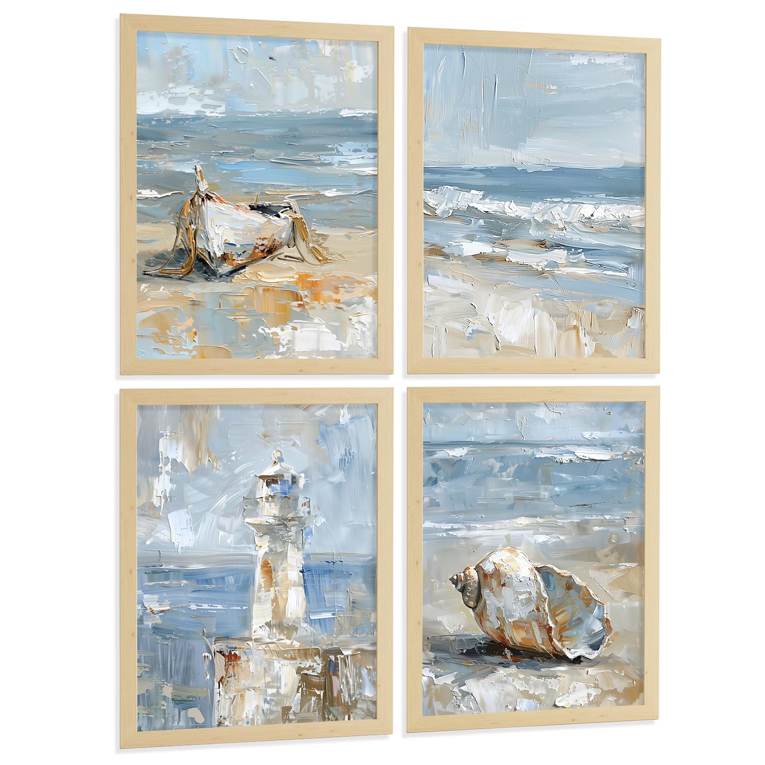 Nacnic Juego De 4 Cuadros De Playa, Mar, Costa Azul, Faro, Barca. Decoracion De Pared De Arte. Dia De Mar. Laminas Decorativas Pared Baño, Cocina,Salón Y Dormitorio. Tamaño A3 Marco Madera Clara